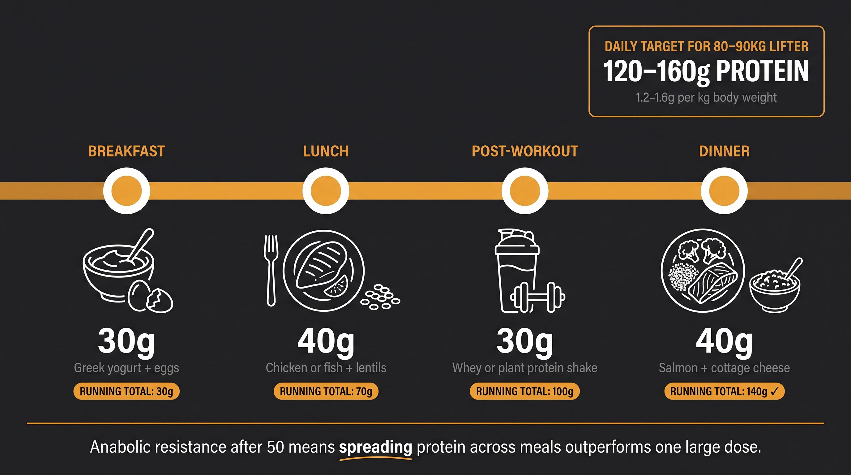 Daily protein distribution timeline for muscle building after 50, showing 4 meals with 25–40g protein each reaching the 120–160g daily target