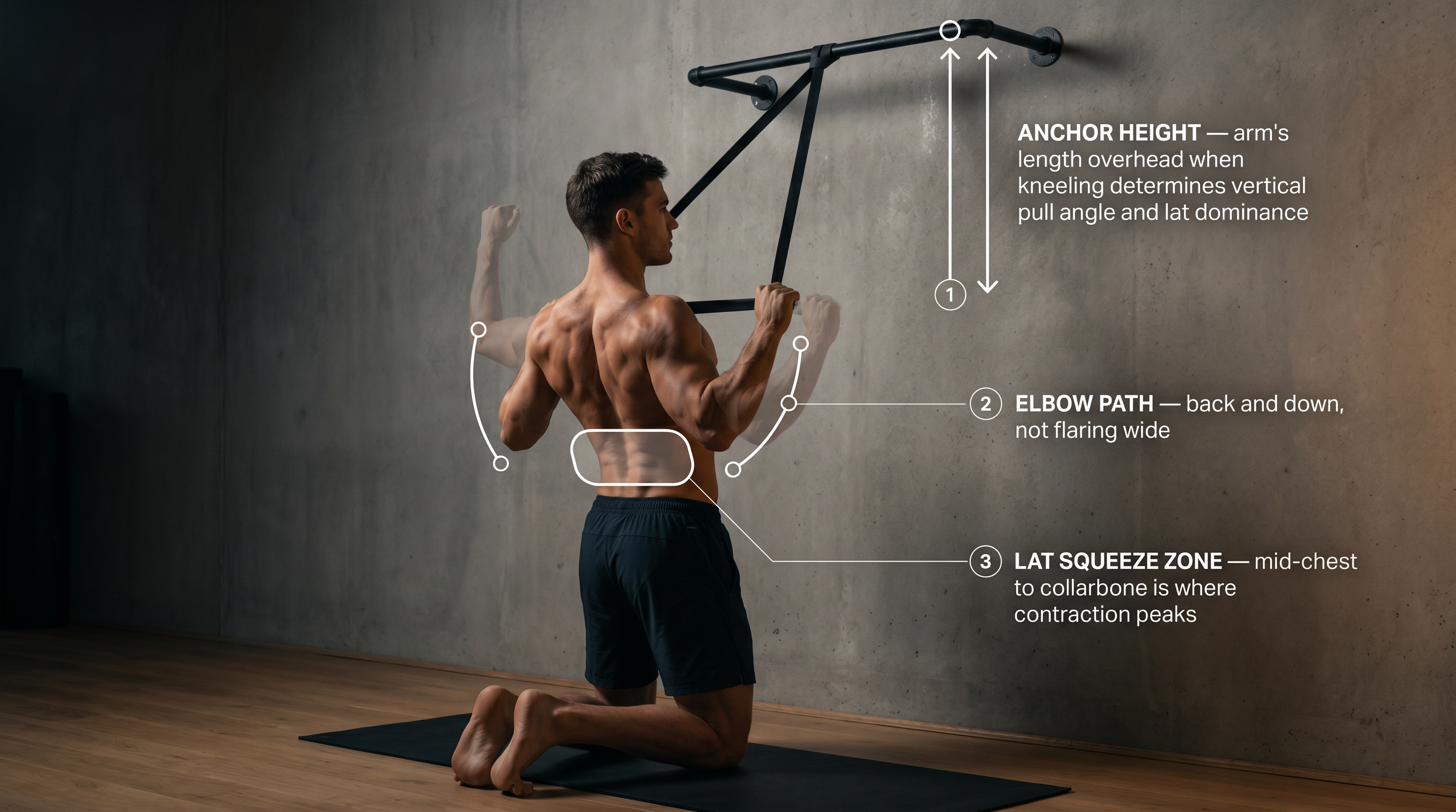 Athlete performing resistance band lat pulldown kneeling under a pull-up bar in a home gym, with annotated form cues