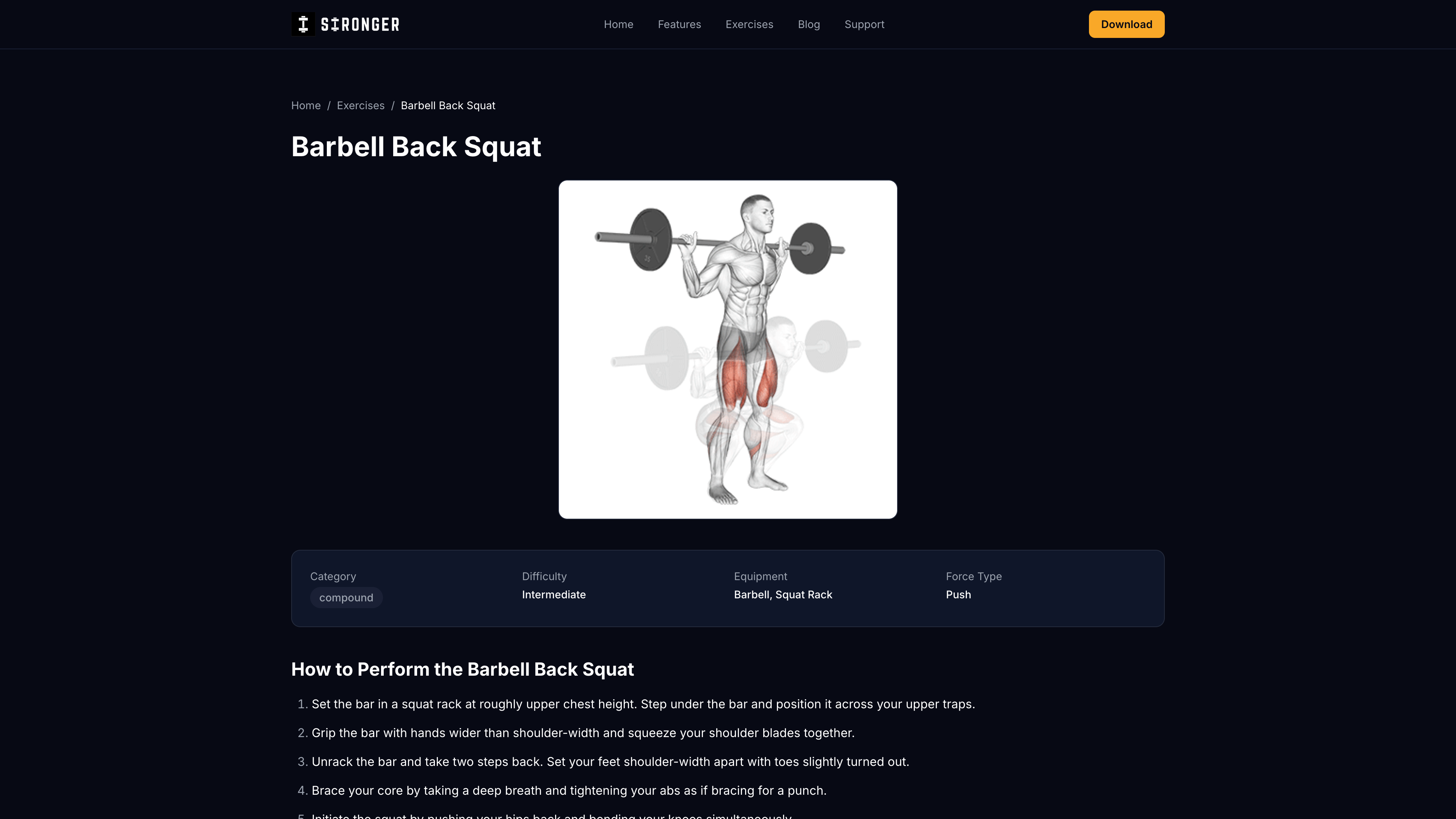 Stronger app barbell back squat exercise page showing step-by-step form cues, muscles worked, and equipment requirements