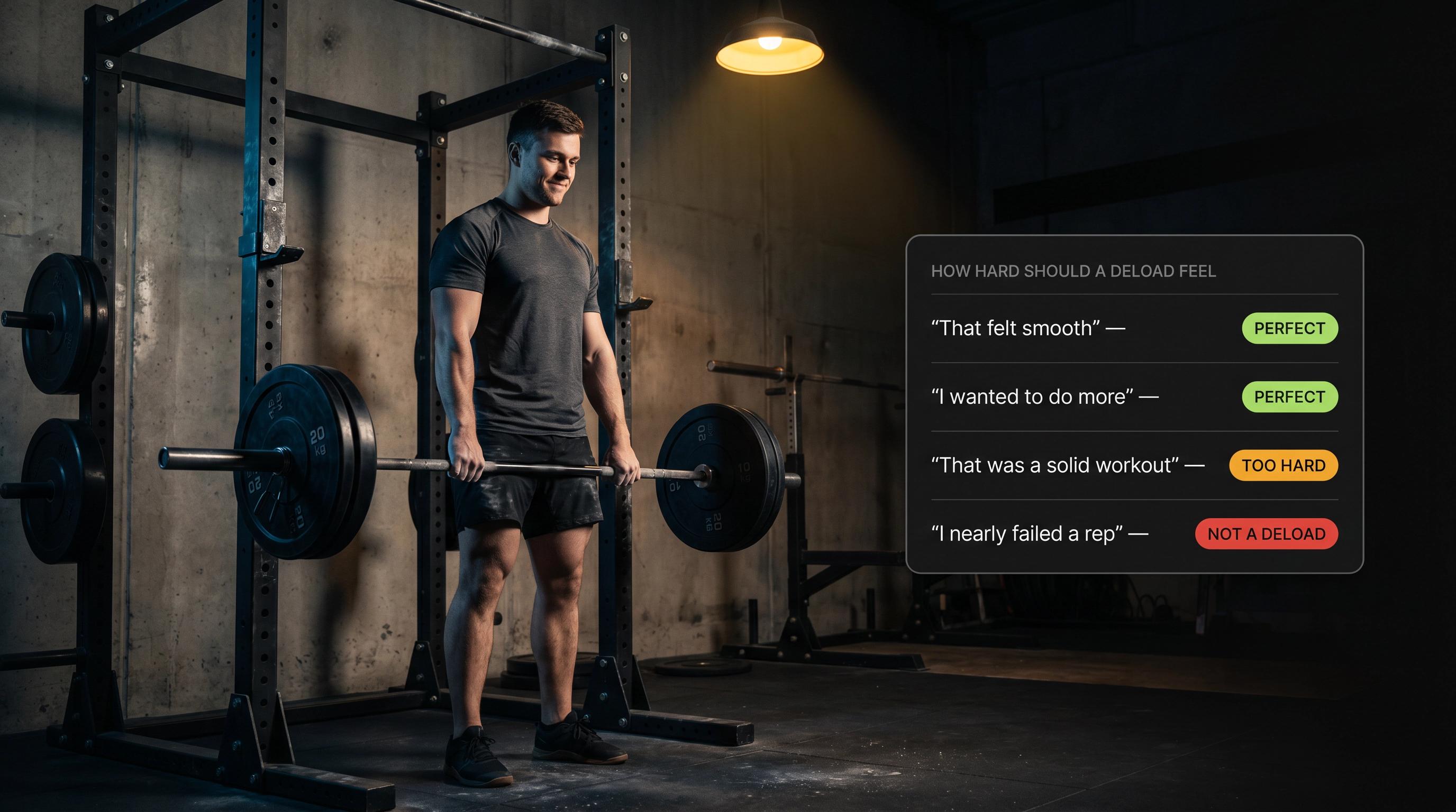Lifter racking a submaximal barbell in a dark gym next to a deload effort-verdict card showing correct deload intensity