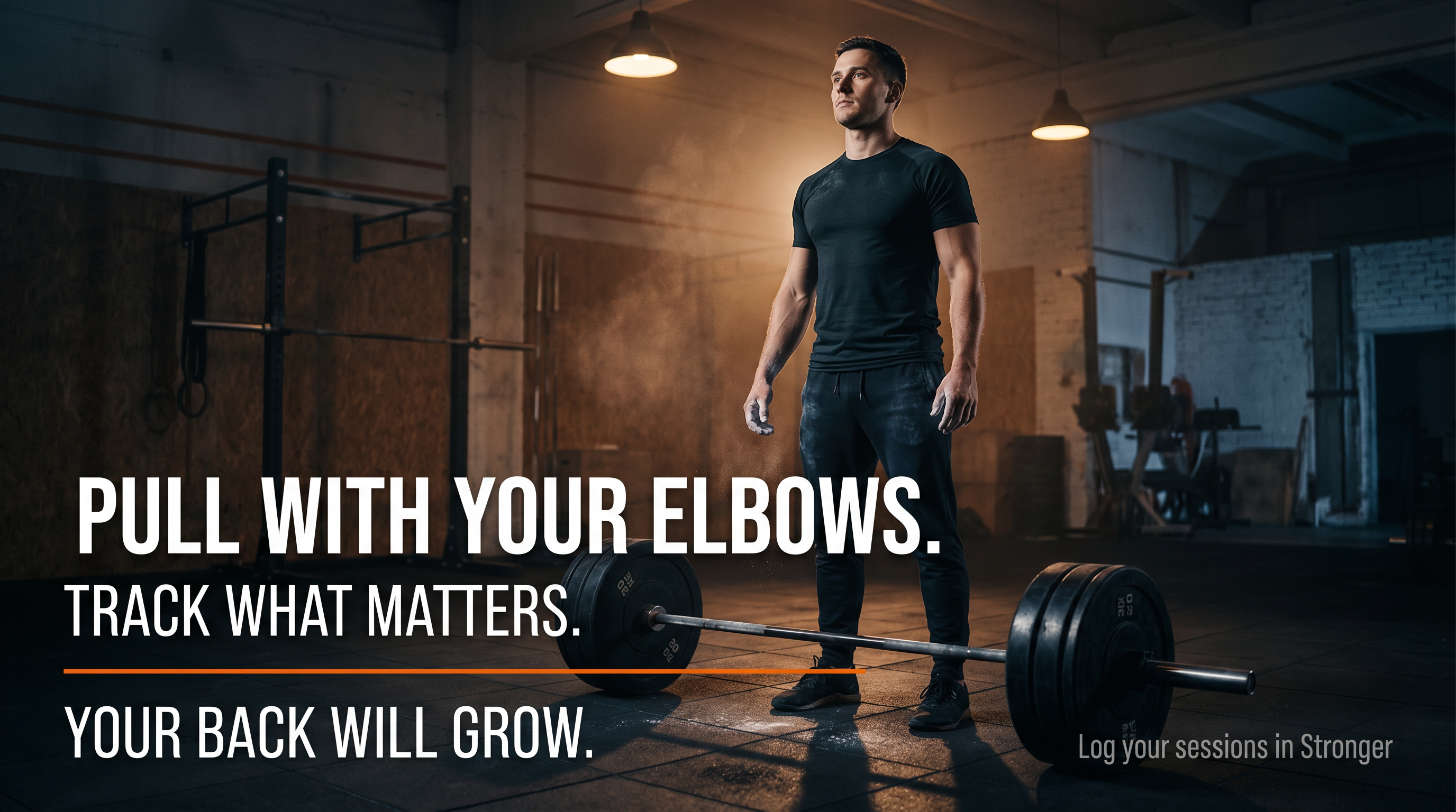 Serious lifter standing over a loaded barbell in a dark gym, with motivational barbell row principles overlaid in bold white text