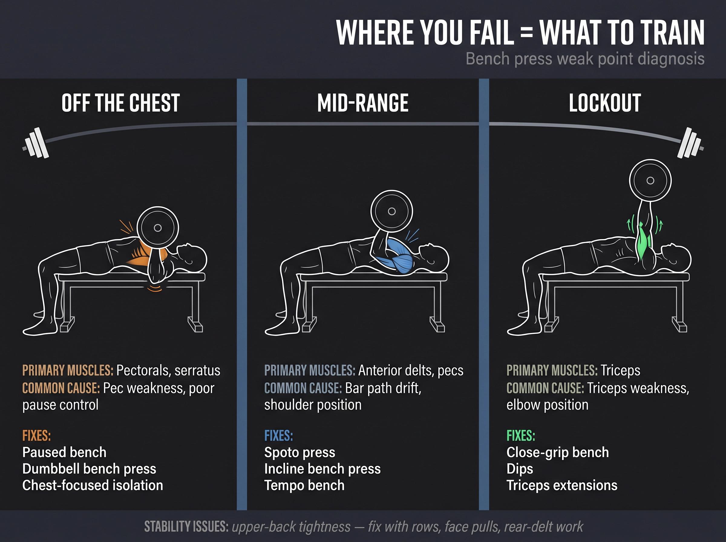 Bench press bar path diagnostic showing three failure zones — off chest, mid-range, and lockout — with muscle and fix annotations