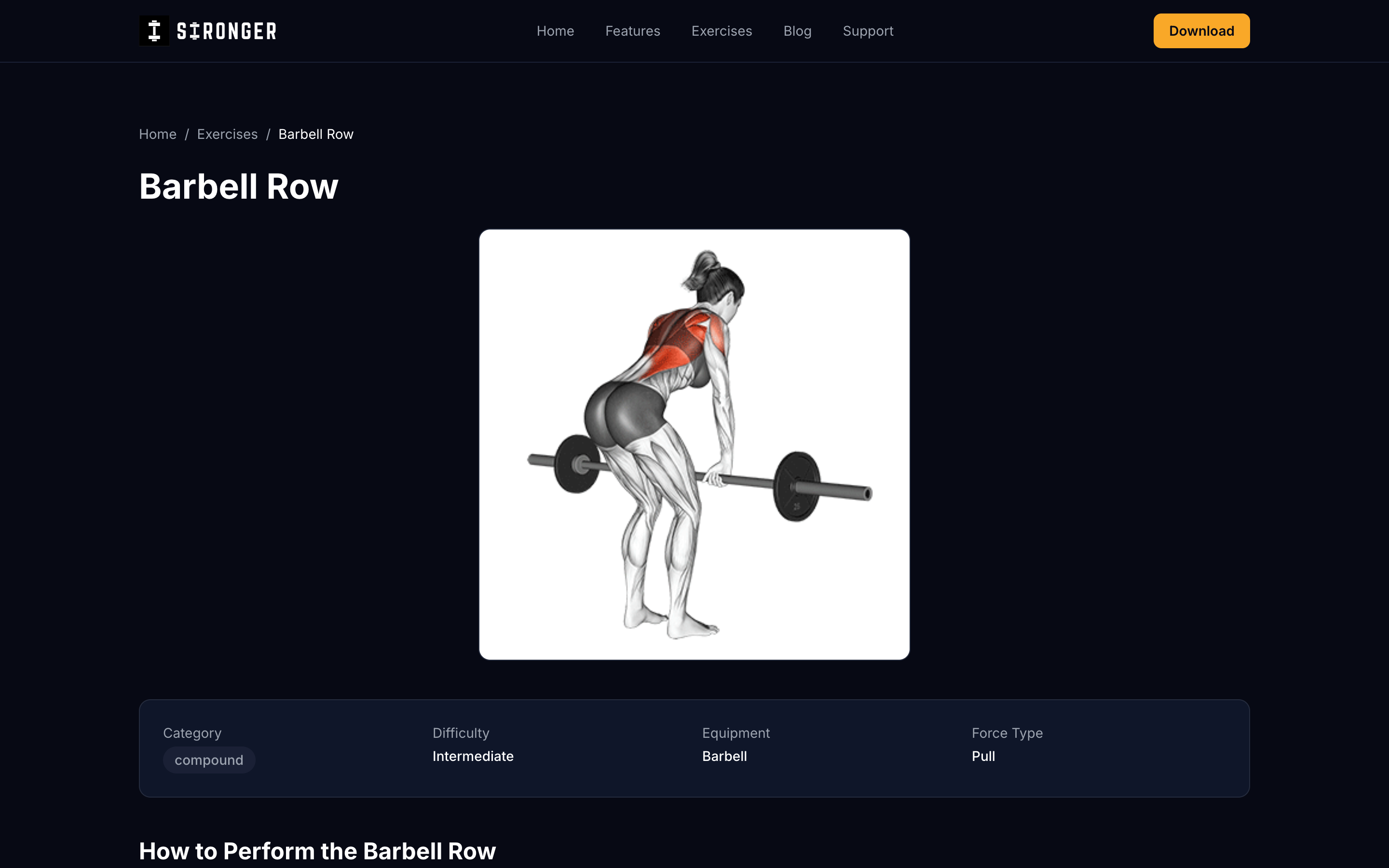 Stronger app exercise page for the Barbell Row, showing the anatomical muscle illustration, compound category tag, intermediate difficulty, and "How to Perform" coaching section