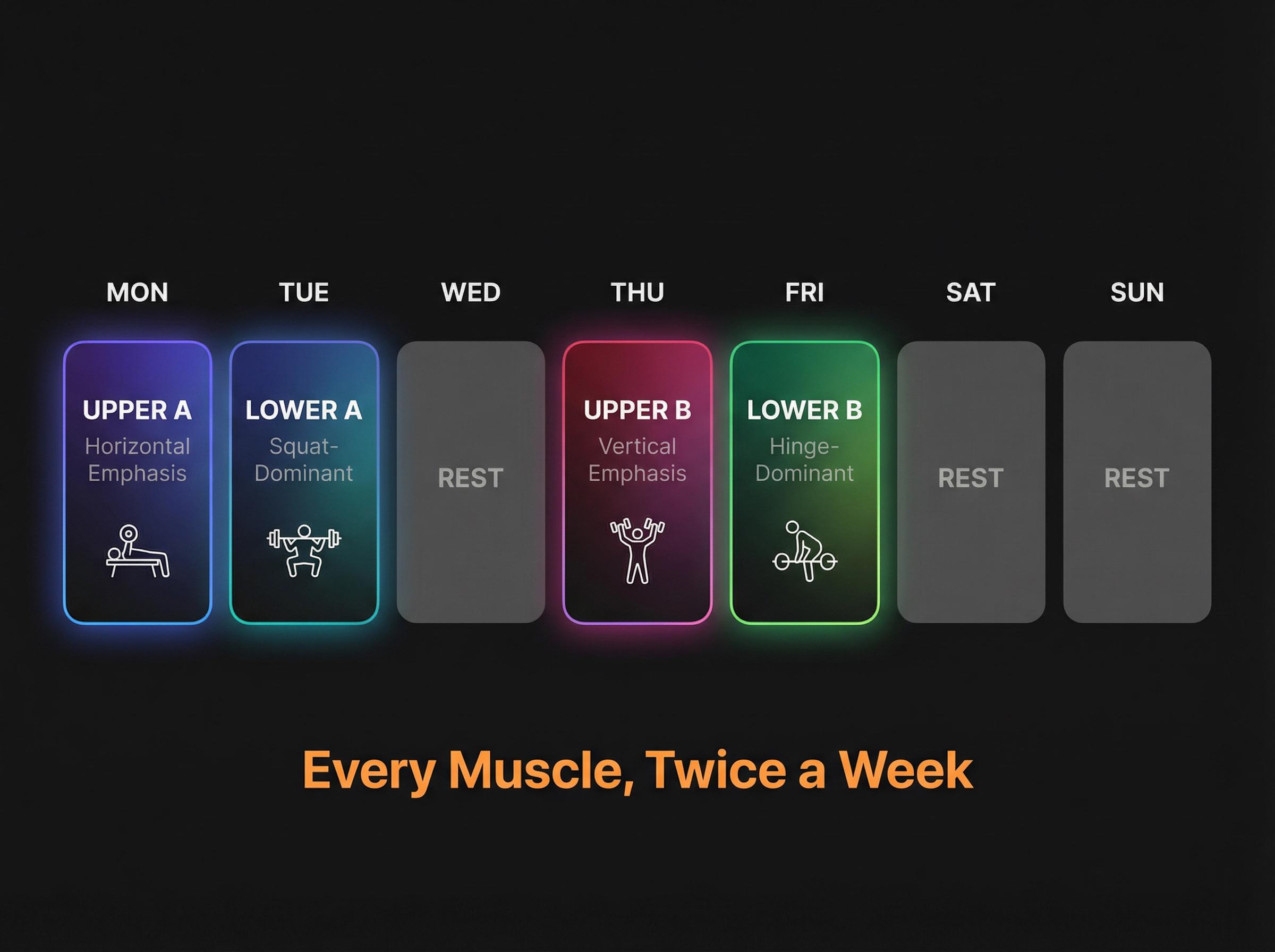 4-day upper/lower split weekly schedule showing Upper A, Lower A, Upper B, Lower B training days with movement emphasis labels