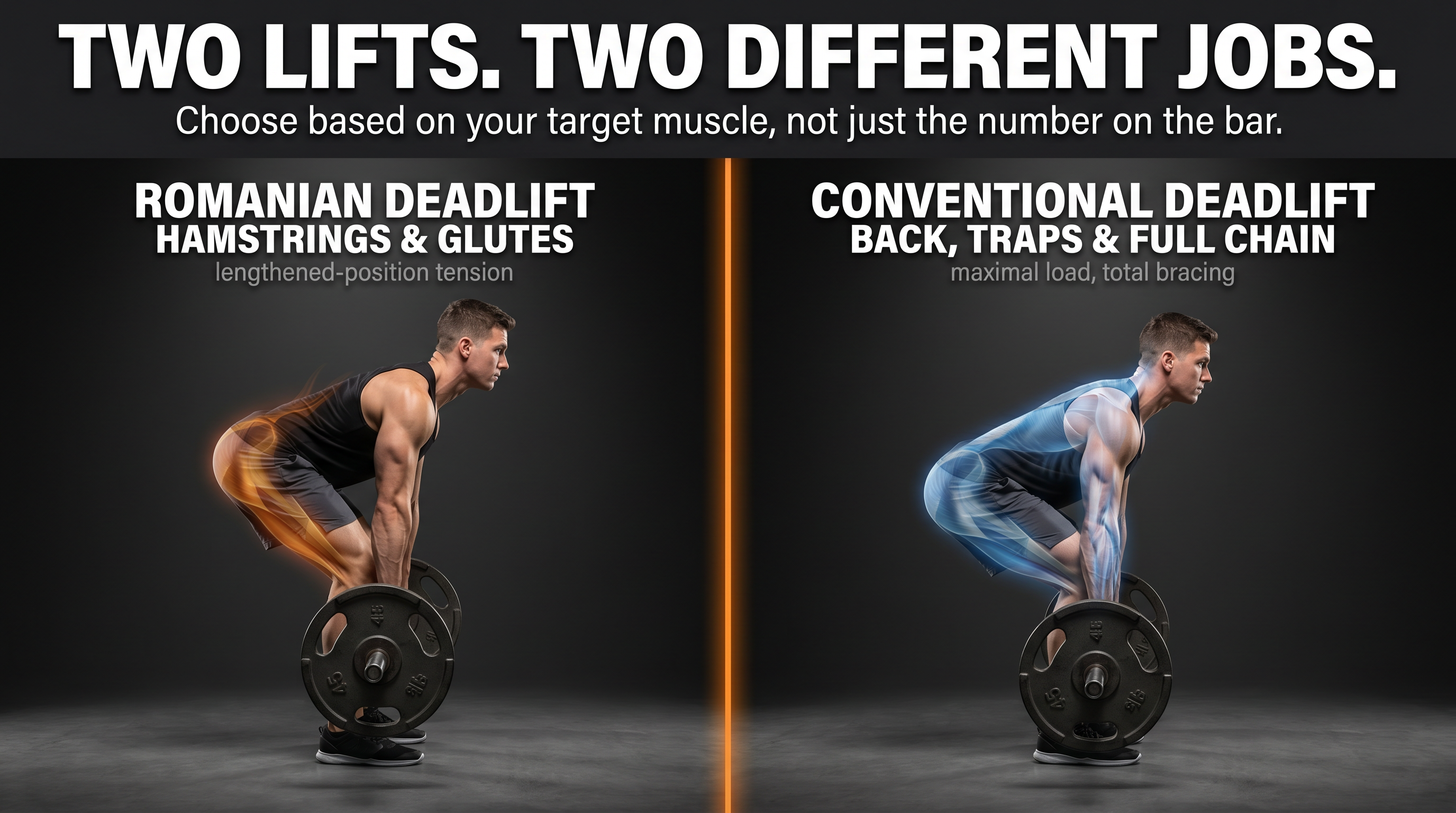 Split editorial illustration comparing Romanian deadlift and conventional deadlift positions with muscle-target labels