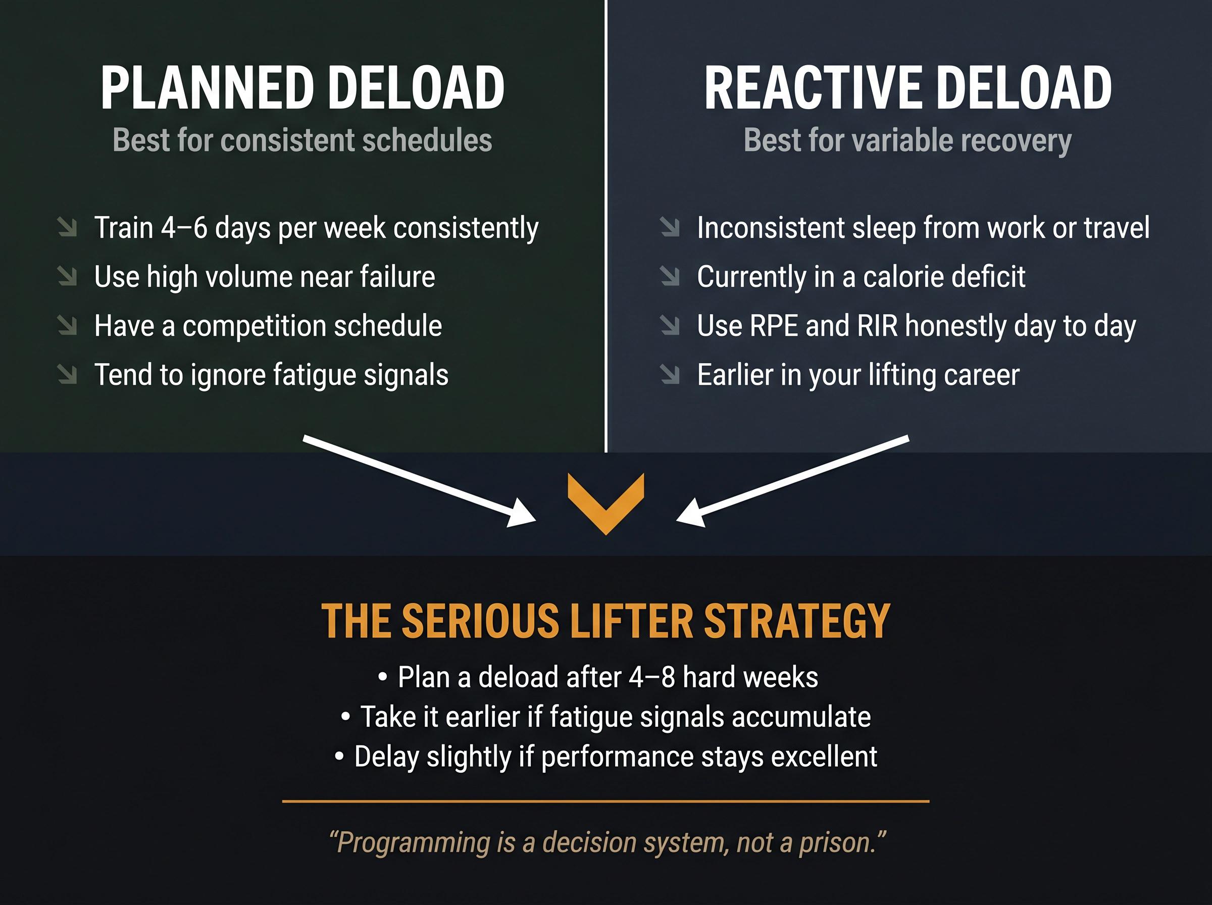Split decision map comparing planned vs reactive deload approaches with trigger conditions for each, converging into a serious lifter strategy