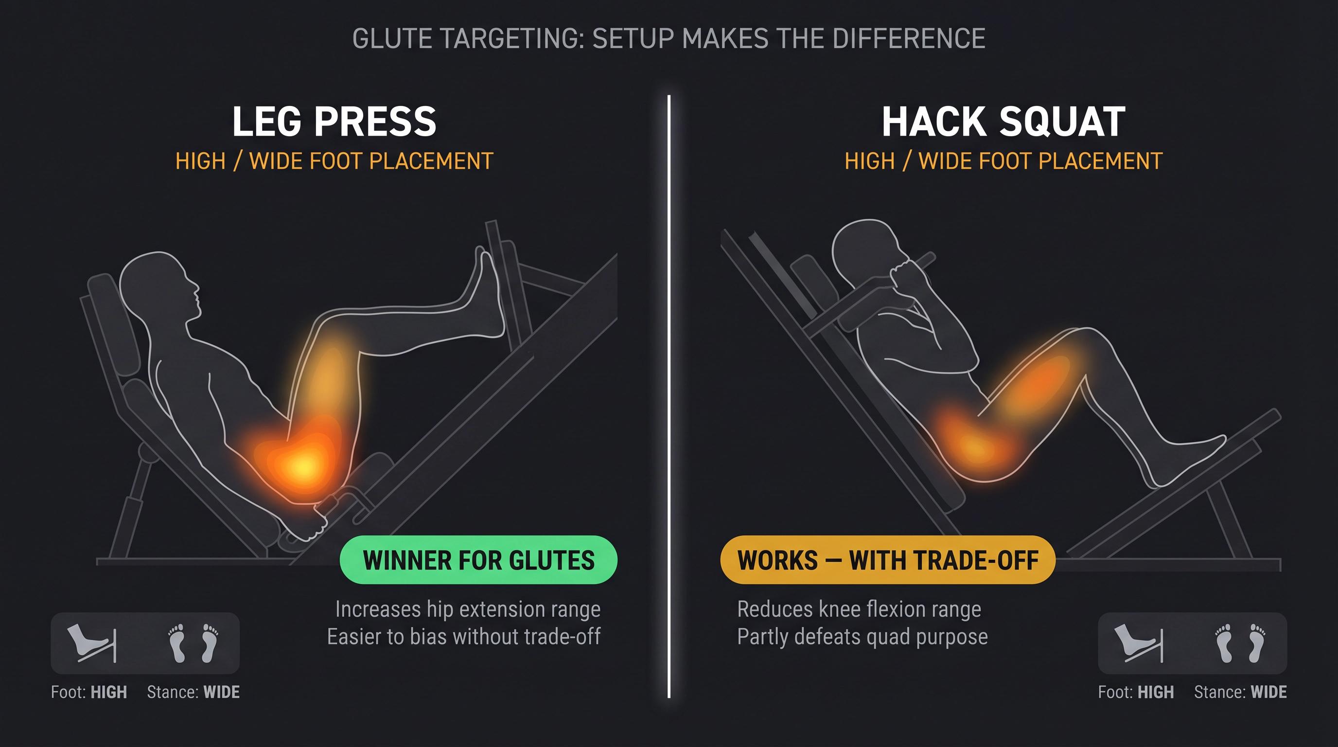 Side-by-side diagram comparing high/wide foot placement for glute targeting on leg press vs hack squat machines