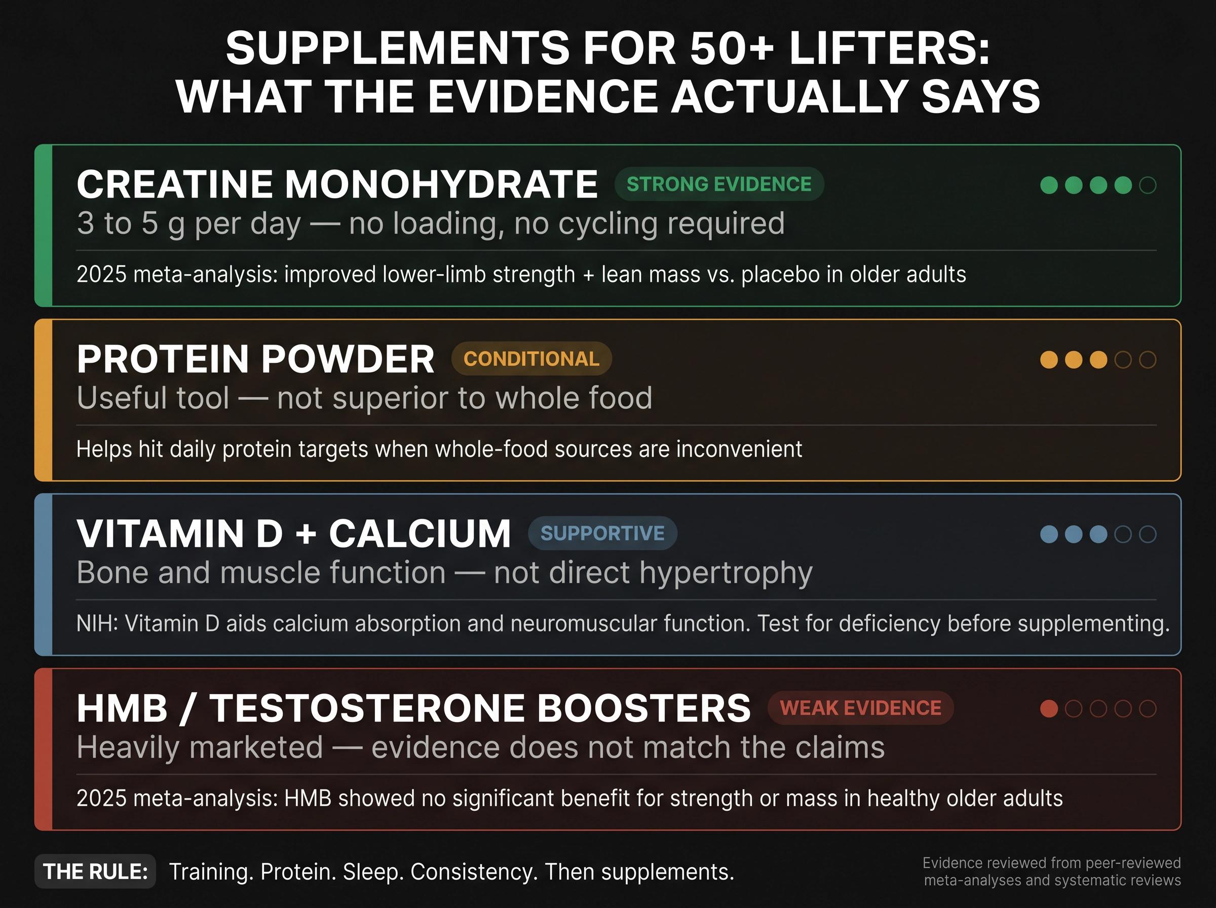 Supplement evidence scorecard for 50+ lifters ranking creatine, protein powder, vitamin D, and HMB by research strength
