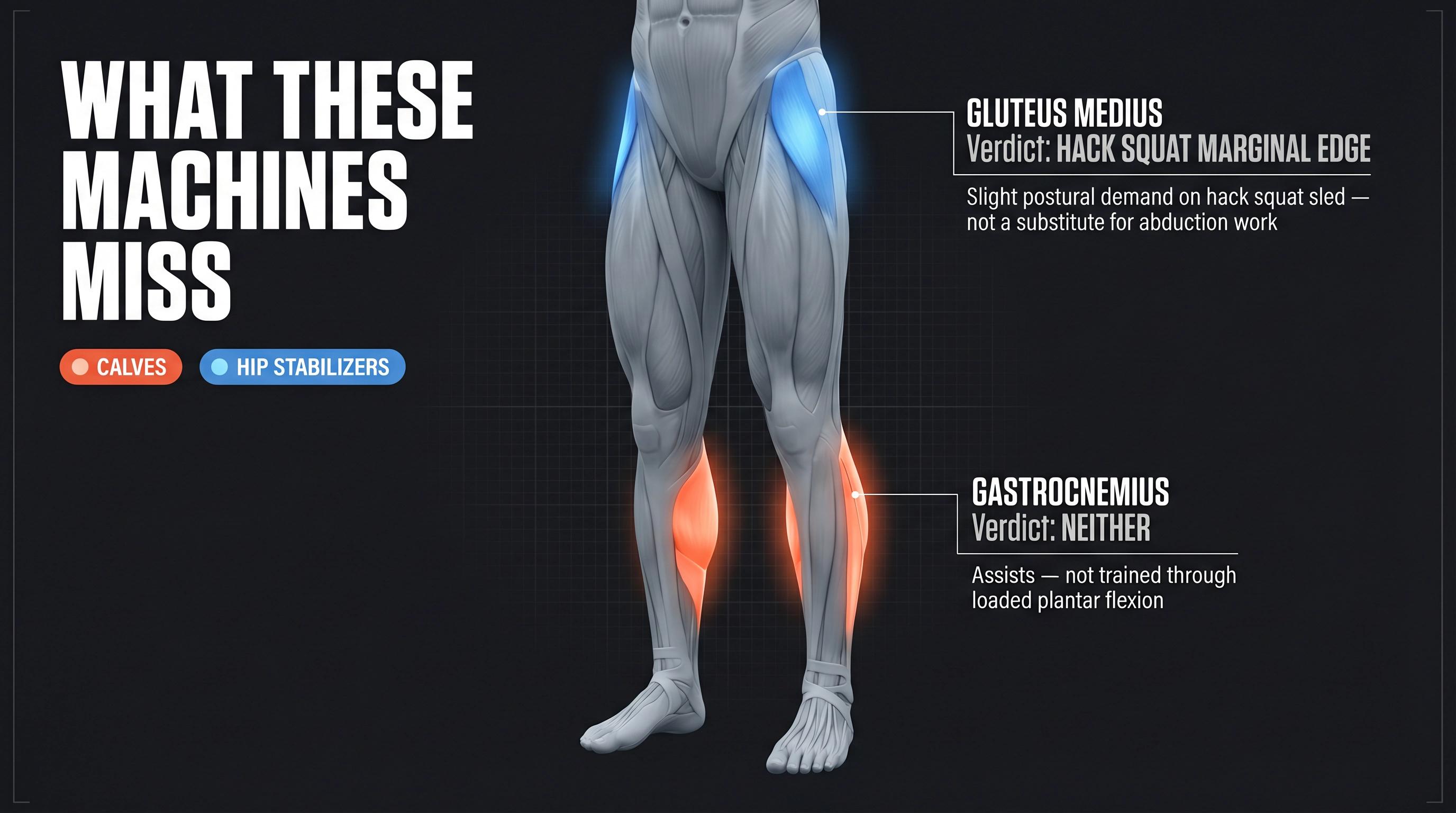 Anatomical illustration showing calves and hip stabilizer muscles both hack squat and leg press fail to train, with verdict labels