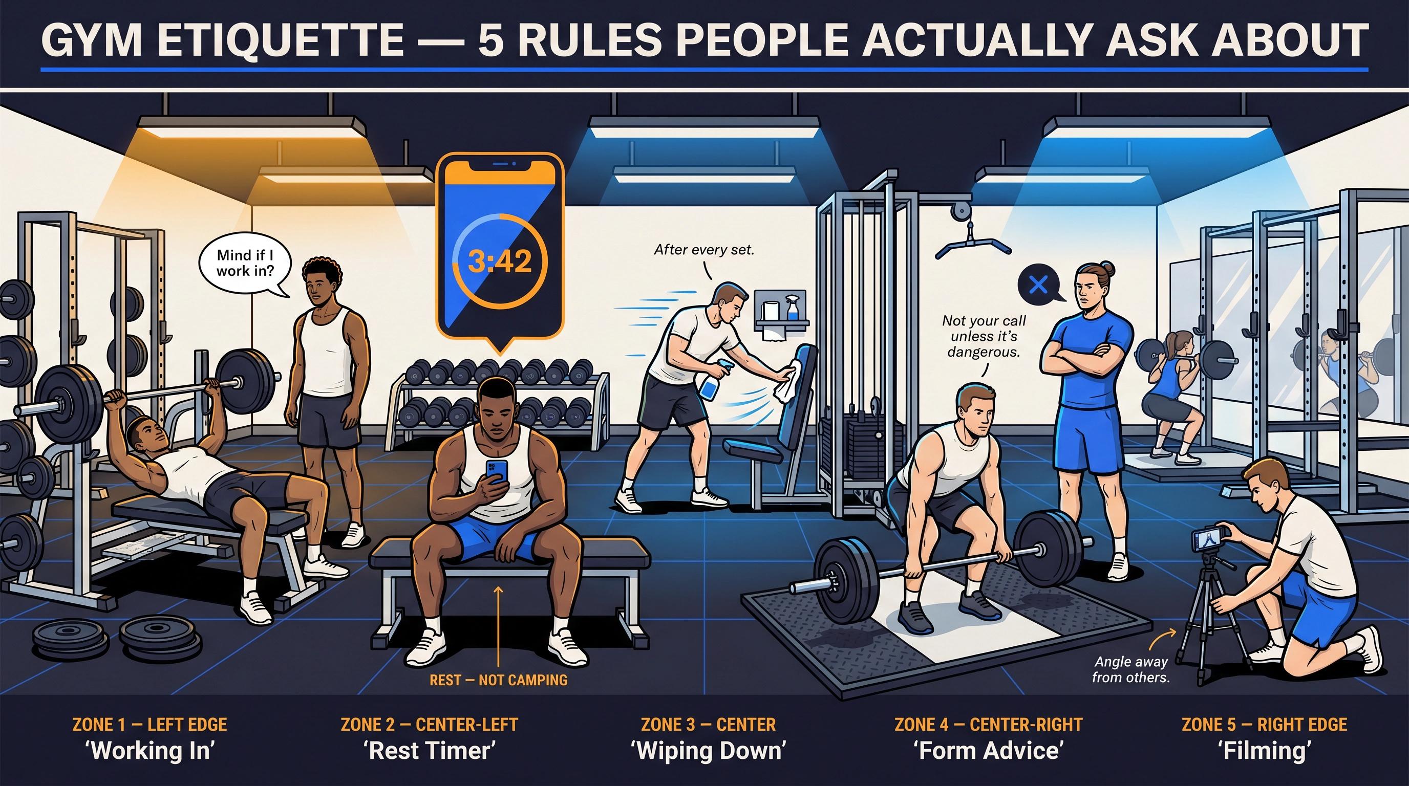 Editorial illustration of five gym etiquette FAQ scenarios on a shared training floor: filming, working in, rest timers, form advice, and wiping down