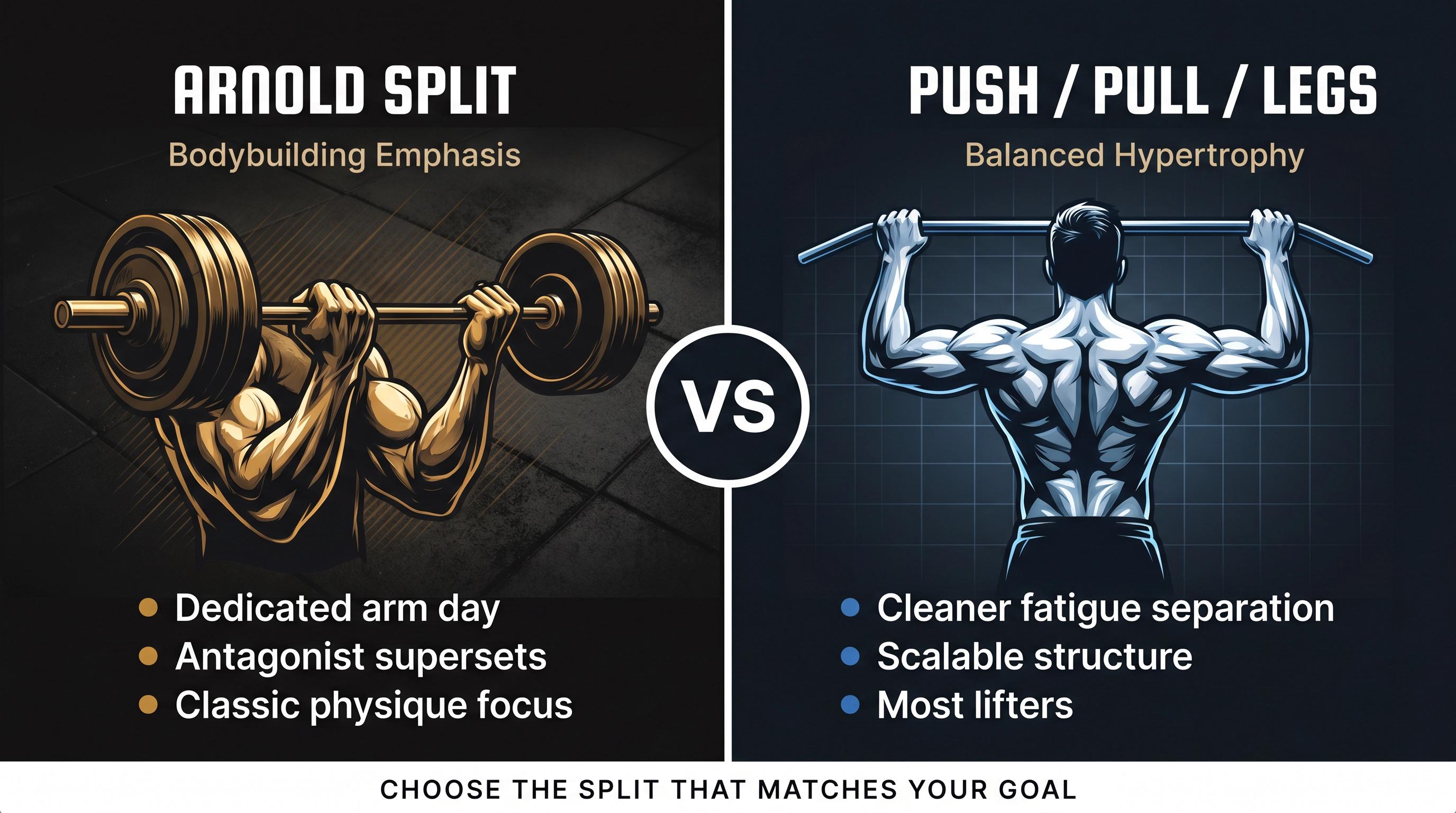 Split-panel comparison of Arnold Split vs Push/Pull/Legs training programs showing key structural and goal differences
