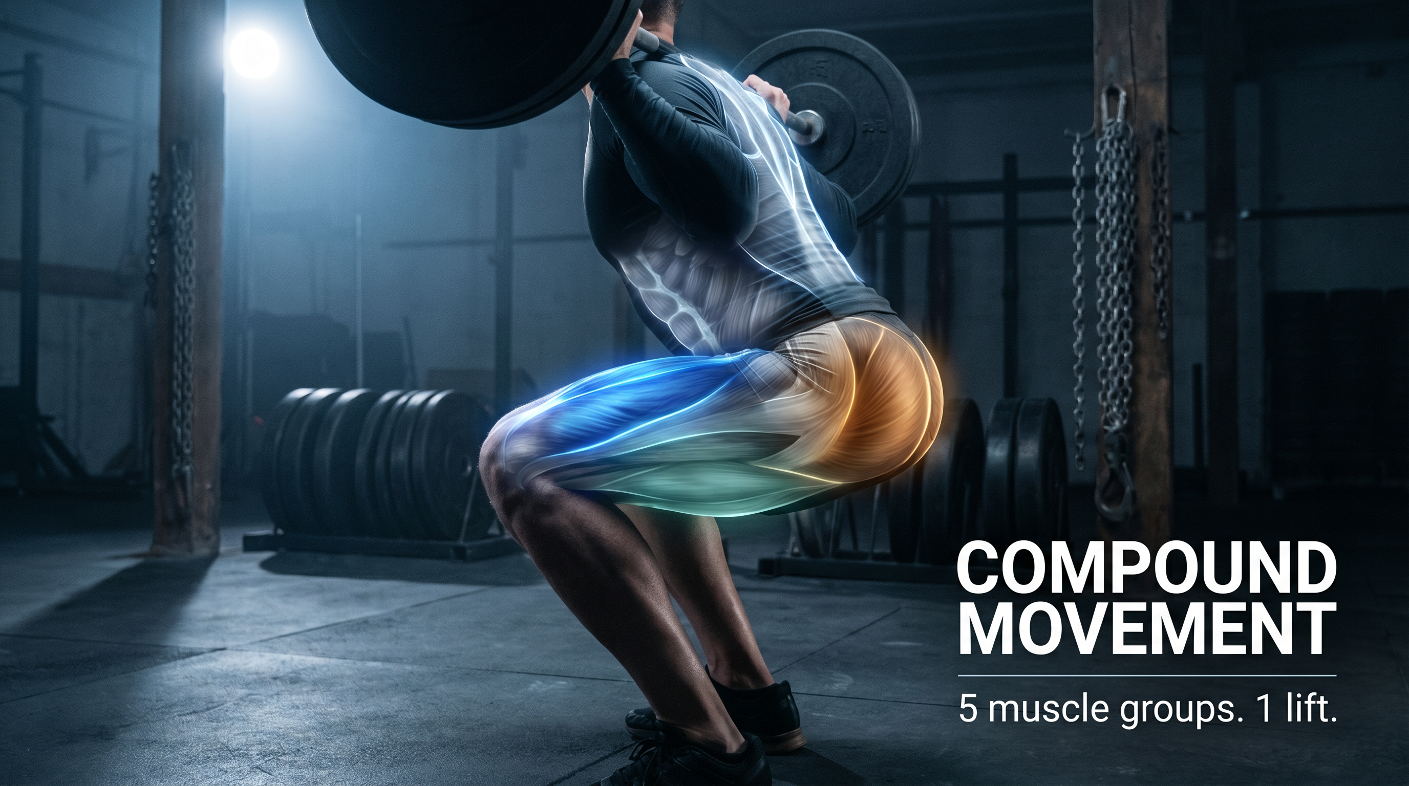 Lifter performing a barbell back squat with glowing muscle activation overlay showing simultaneous engagement of quads, glutes, hamstrings, core, and upper back