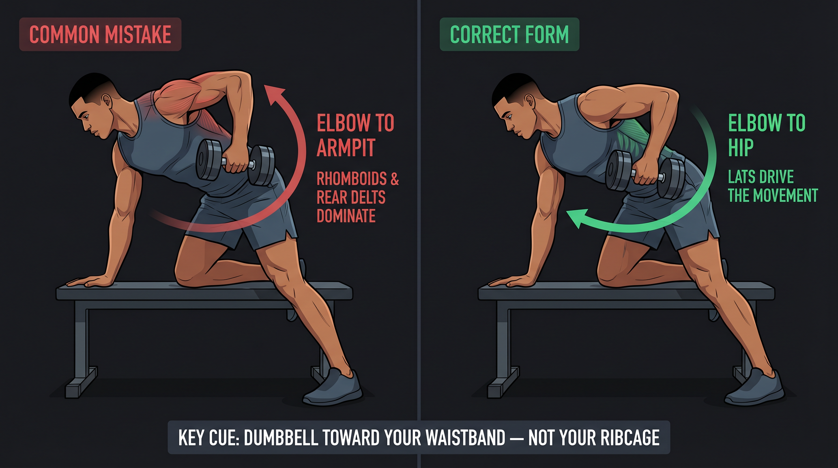 Side-by-side illustration comparing wrong armpit-row vs correct hip-pull path in single-arm dumbbell row for lat engagement