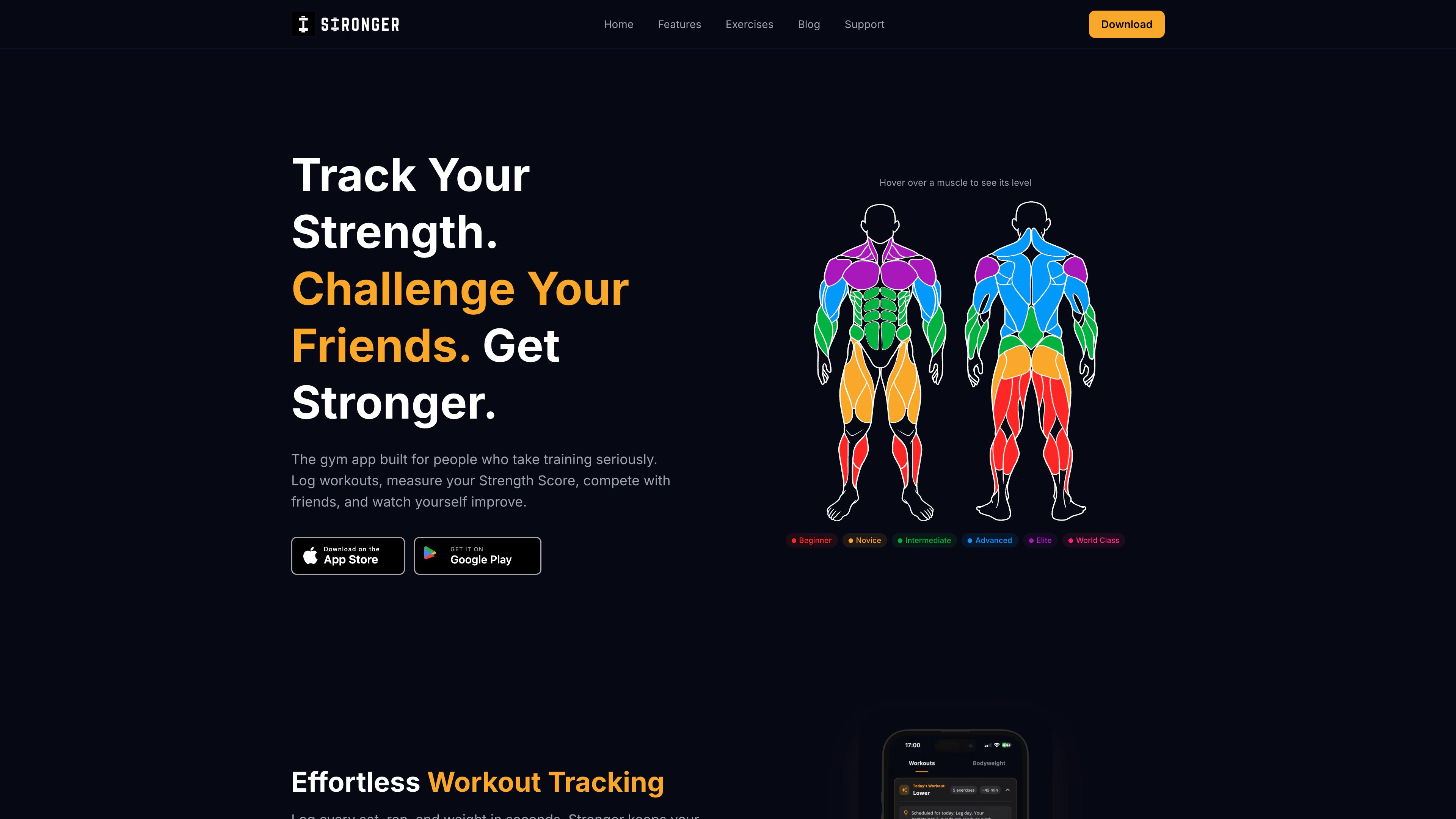 Stronger homepage showing Track Your Strength headline, muscle group strength map, and iOS and Android download buttons