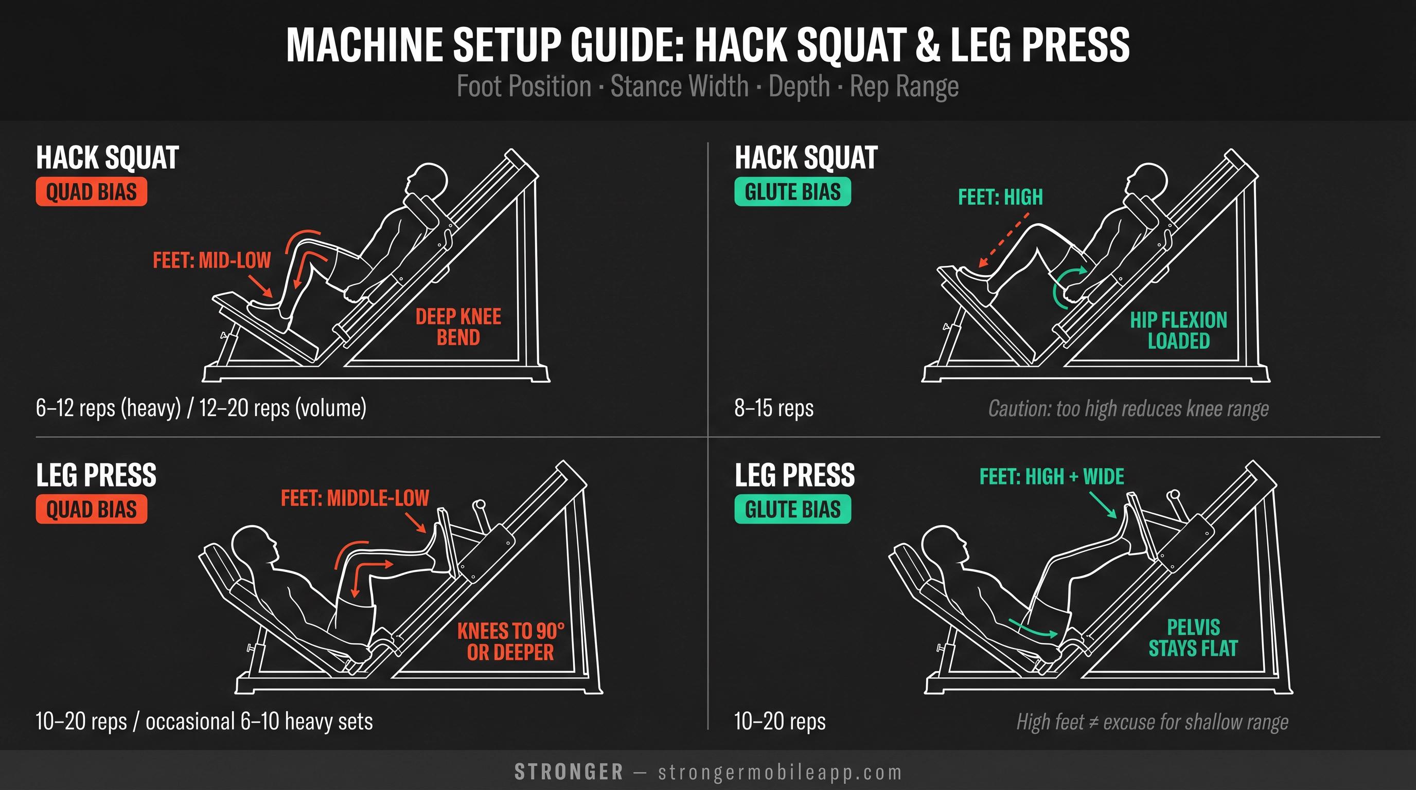 Four-panel setup guide showing quad-biased and glute-biased hack squat and leg press configurations with foot position and stance annotations