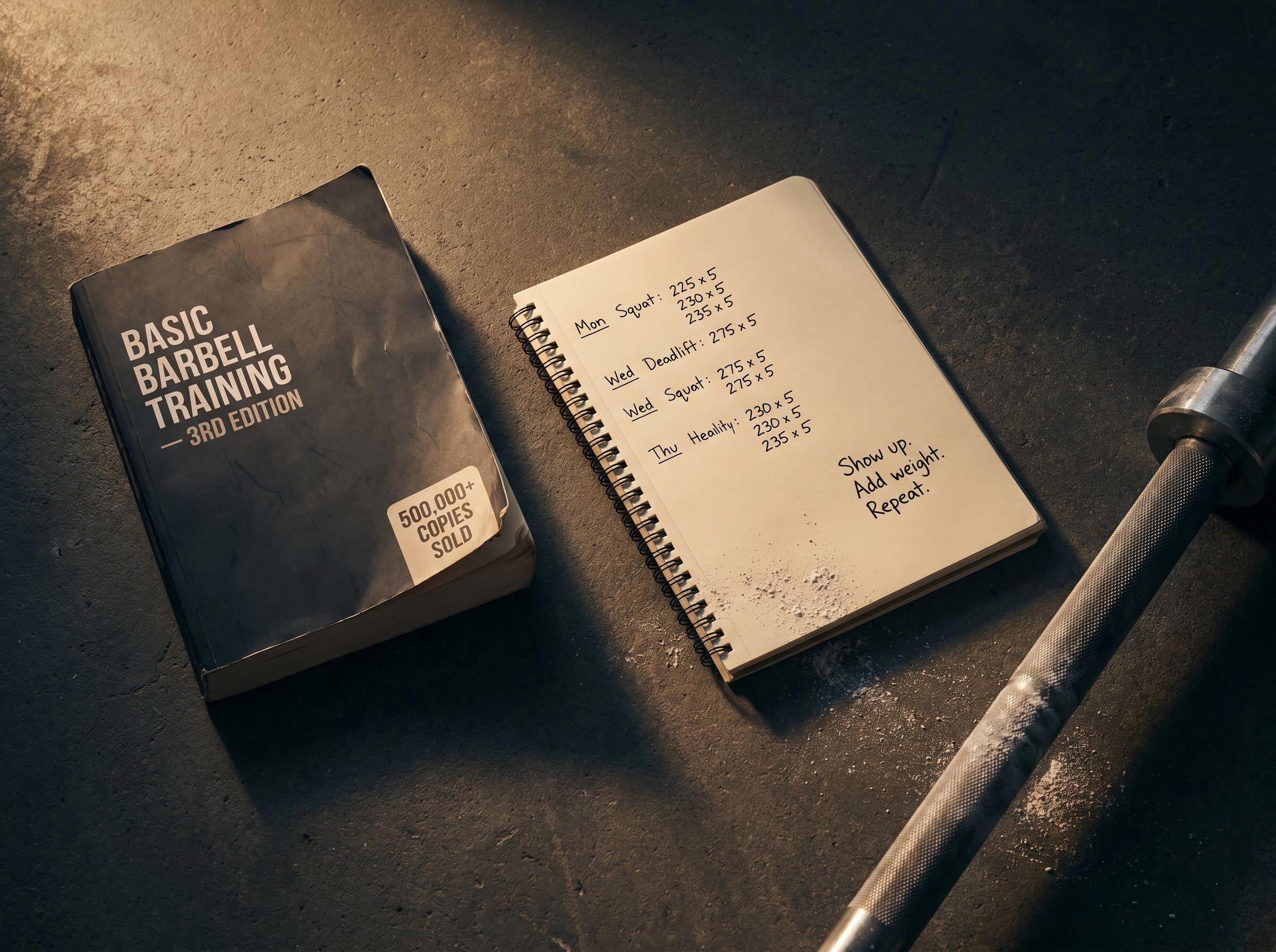 Editorial still-life of a thick barbell training manual, open handwritten training log, and chalk-dusted barbell knurling on a dark surface