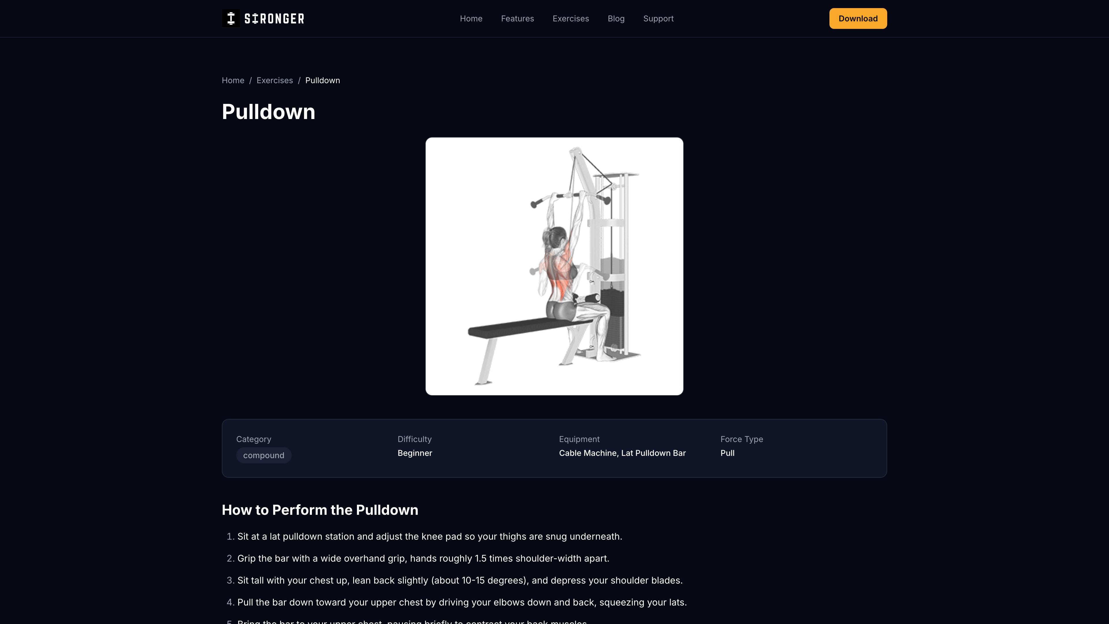 Stronger pulldown exercise guide page showing the animated lat pulldown illustration with category, difficulty, equipment metadata, and step-by-step instructions