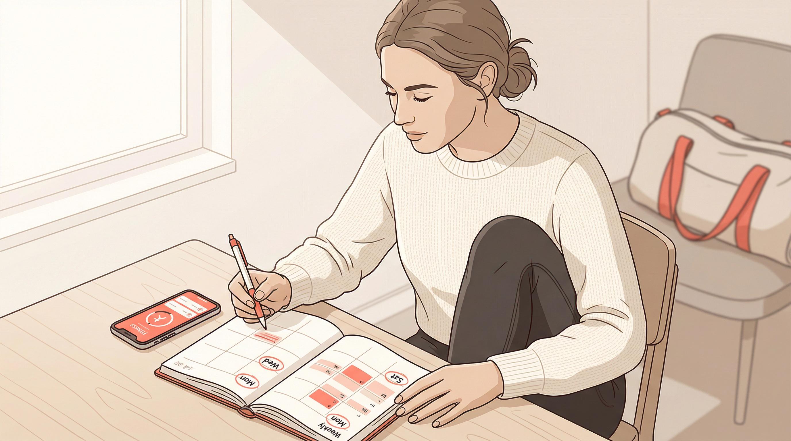 Woman reviewing her weekly training schedule in a planner, deciding how many gym days fit her realistic week before choosing a workout split