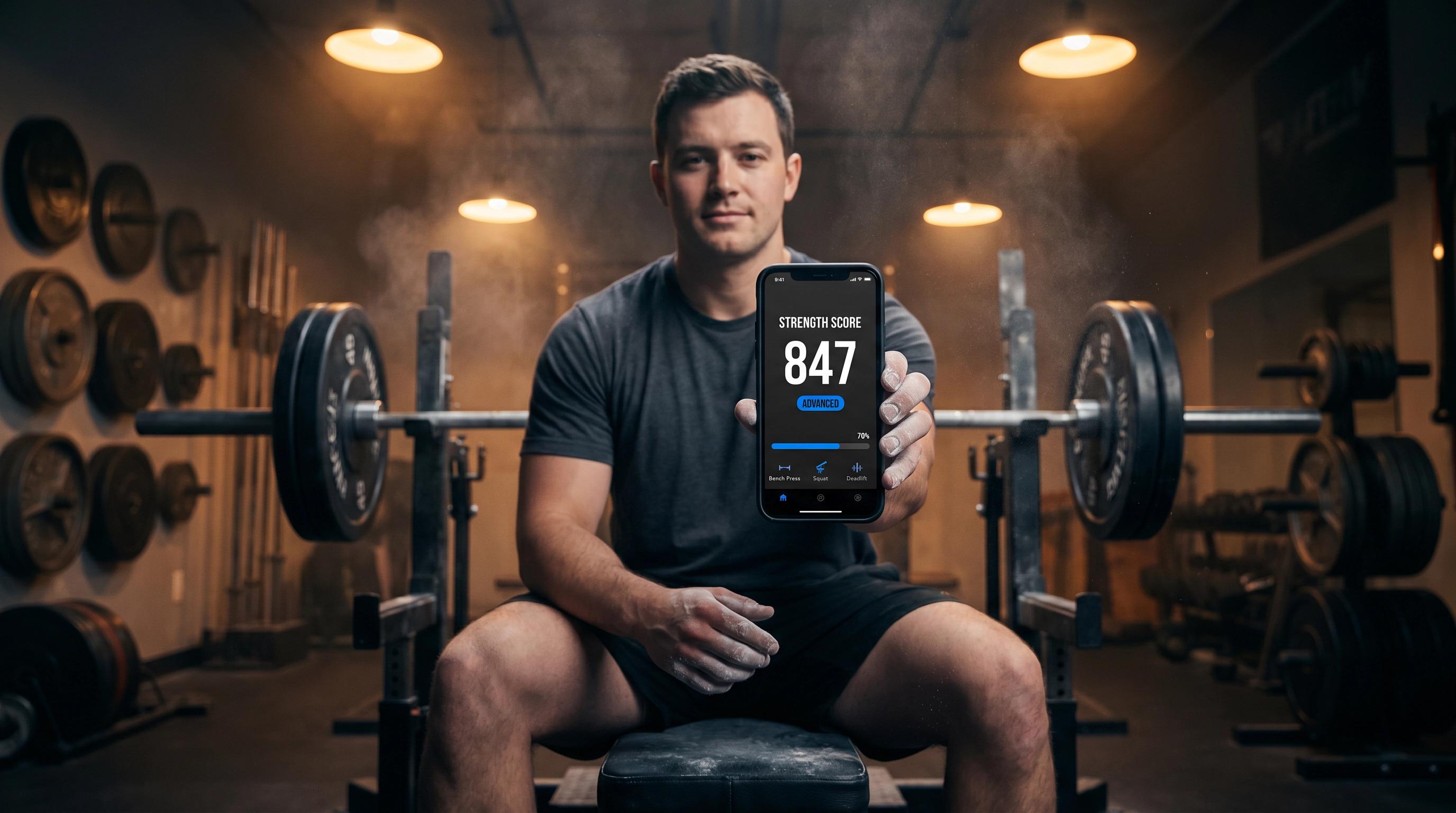 Serious lifter resting on bench after heavy set, holding phone showing Stronger app Strength Score of 847 Advanced
