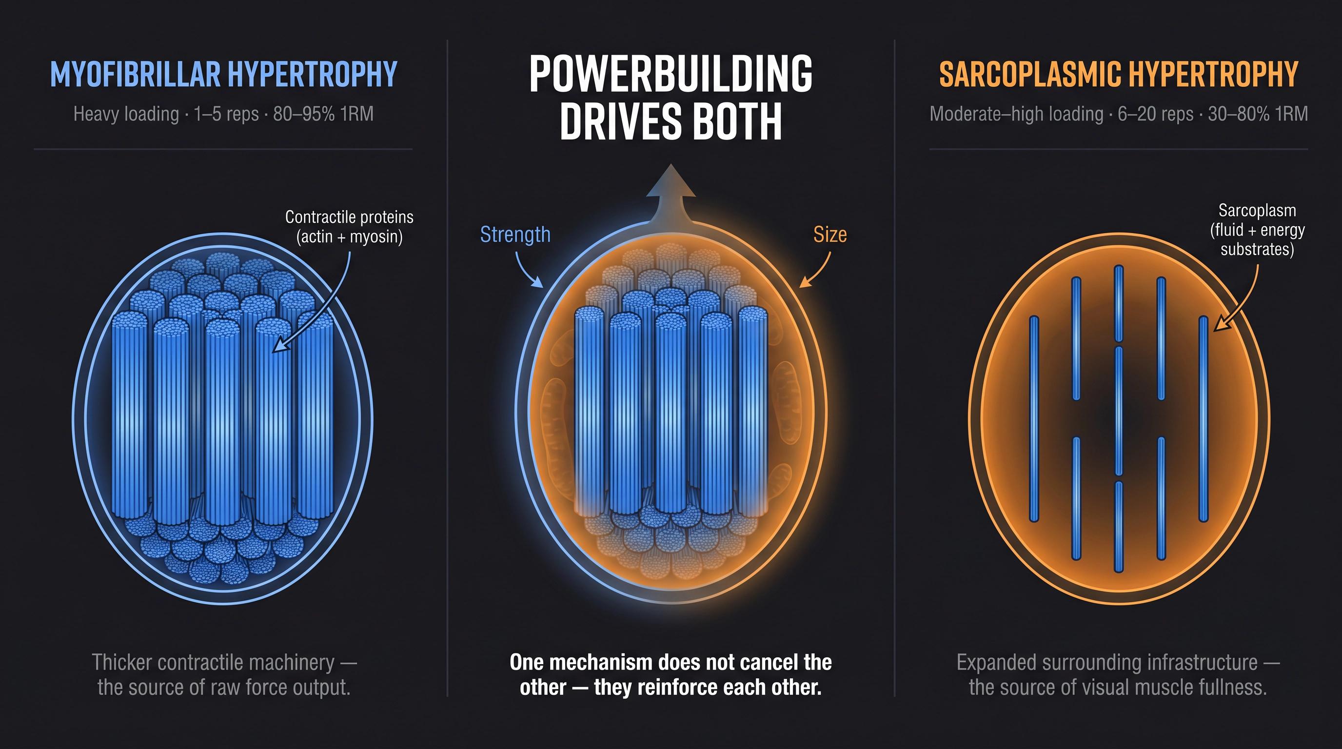 Split-panel diagram comparing myofibrillar and sarcoplasmic hypertrophy mechanisms inside a muscle fiber cross-section
