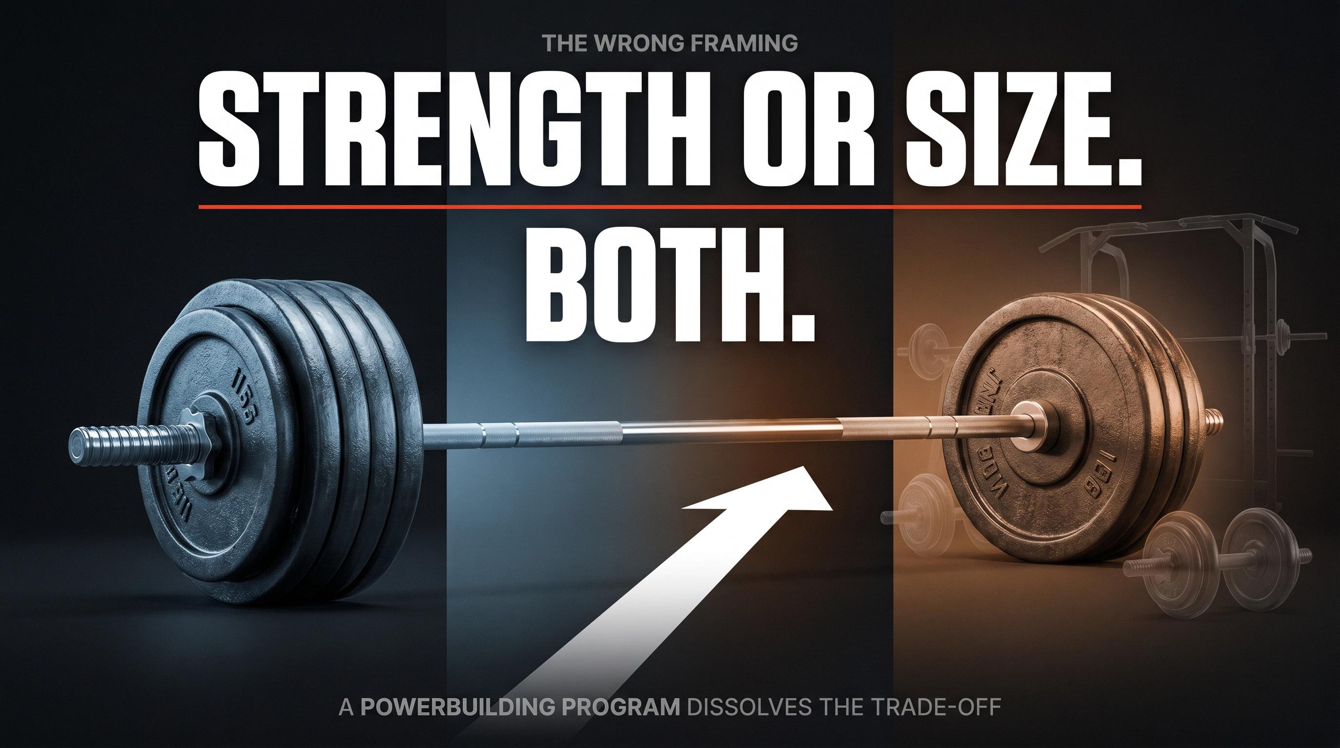Bold editorial illustration showing strength training and bodybuilding paths converging into a single powerbuilding methodology