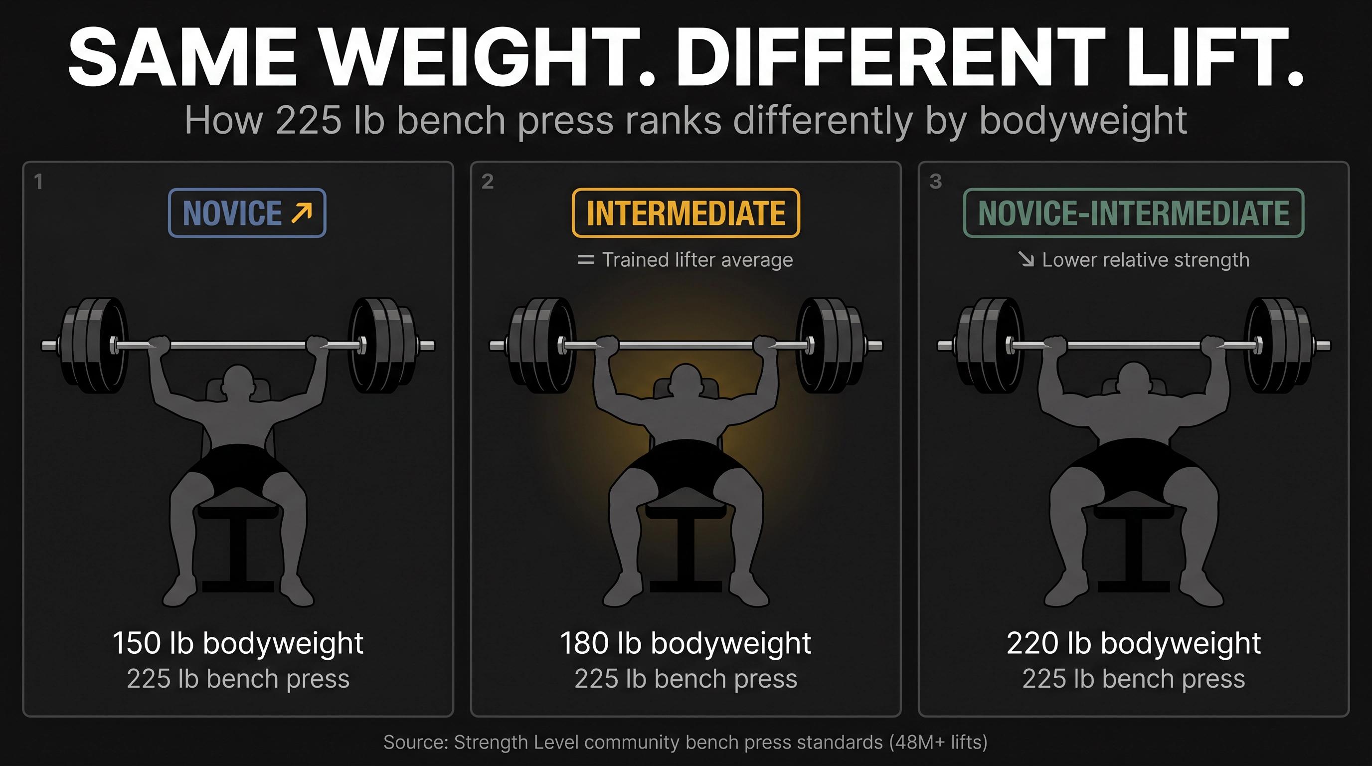 Three male lifters of different bodyweights all pressing 225 lb, each labeled with a different strength tier — novice, intermediate, advanced