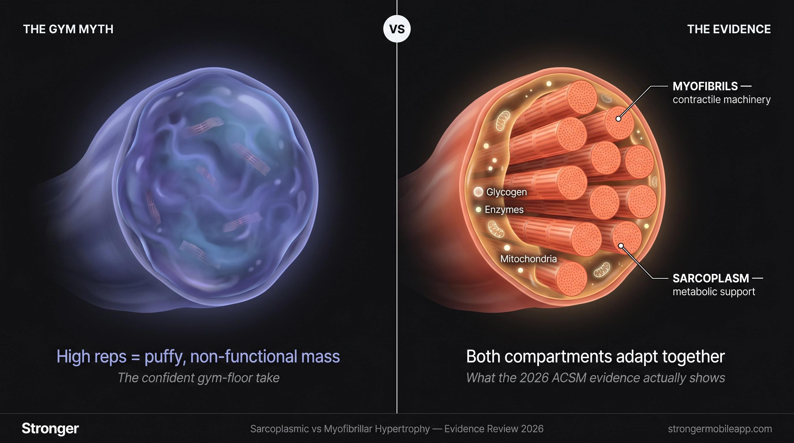 Split-panel diagram debunking sarcoplasmic vs myofibrillar hypertrophy myth: puffy non-functional muscle vs evidence-based reality