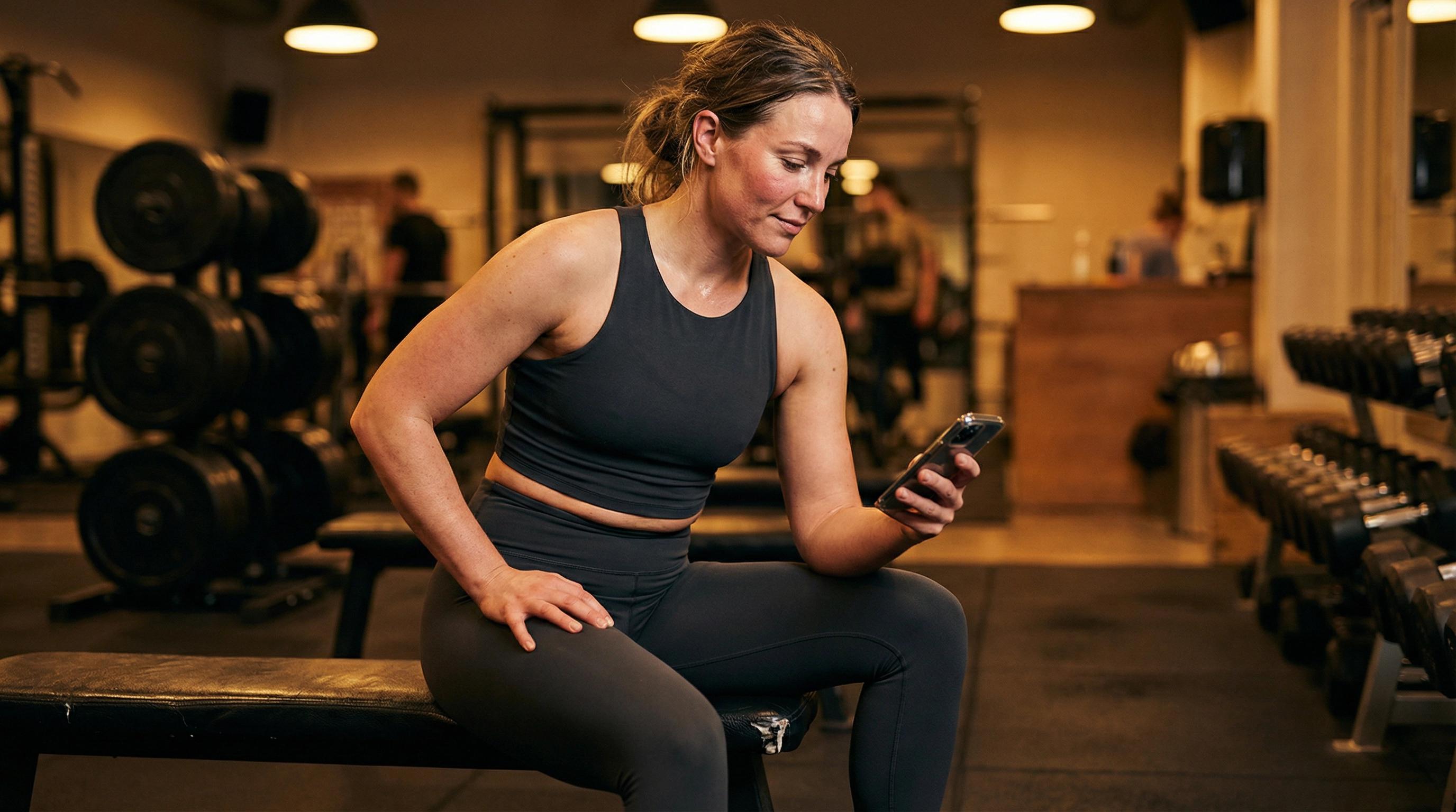 Woman sitting on gym bench post-workout, phone in hand logging her session, confident and relaxed after months of consistent training