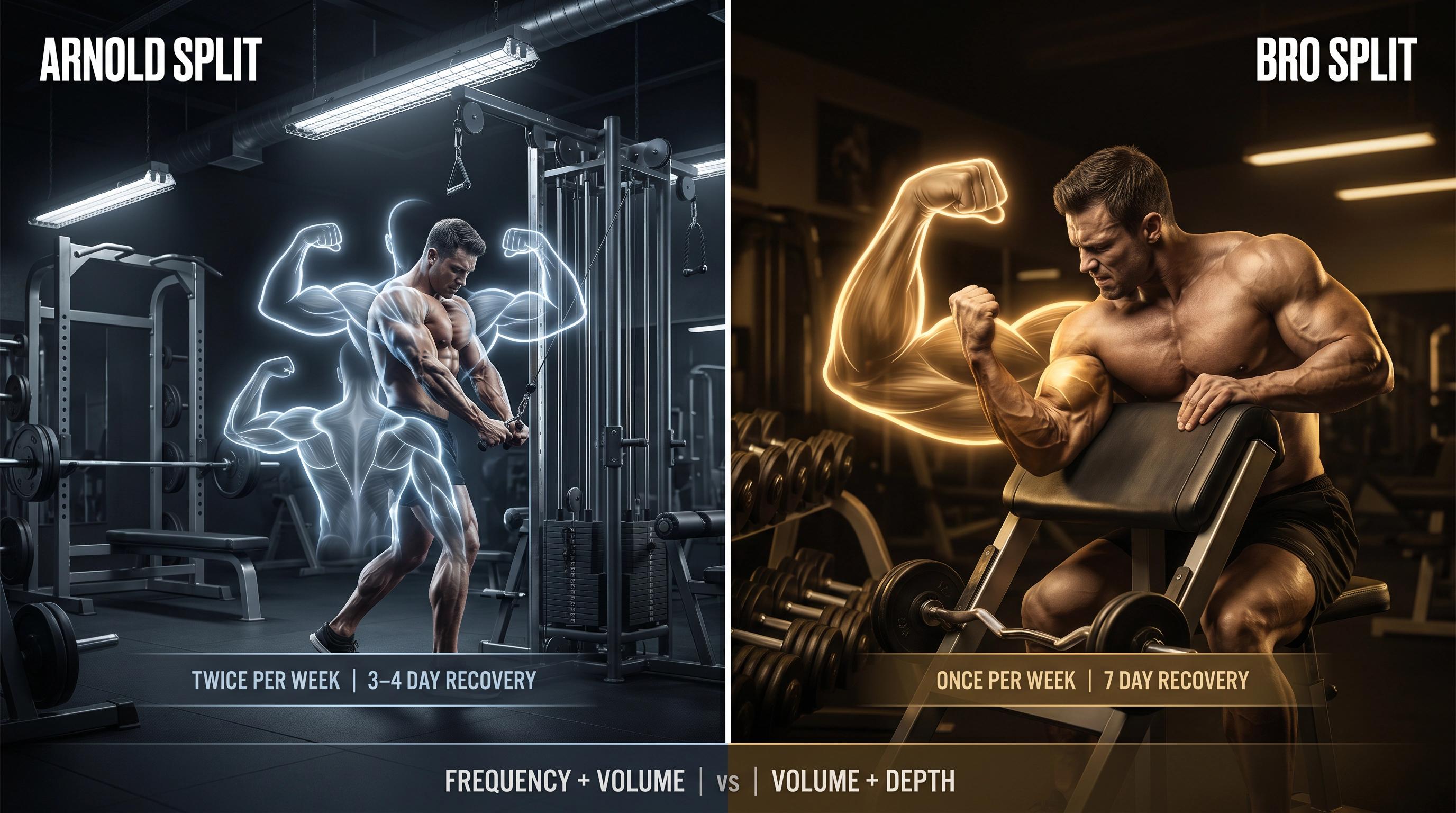 Split-panel editorial illustration comparing Arnold Split multi-muscle frequency training vs Bro Split single-muscle high-volume sessions
