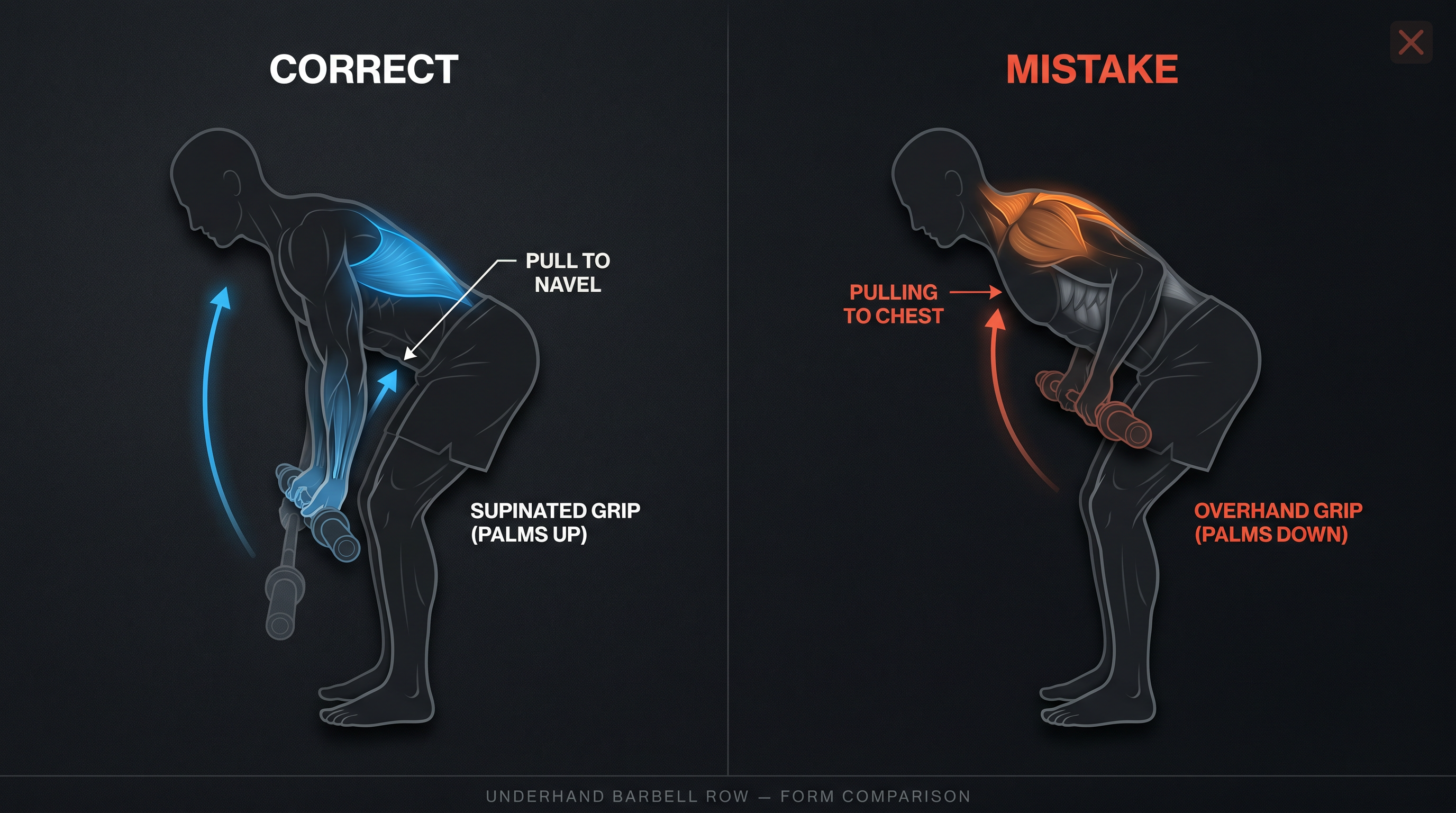 Dual-panel diagram comparing correct underhand barbell row form (pull to navel, supinated grip) vs. common mistake (pull to chest, overhand grip)