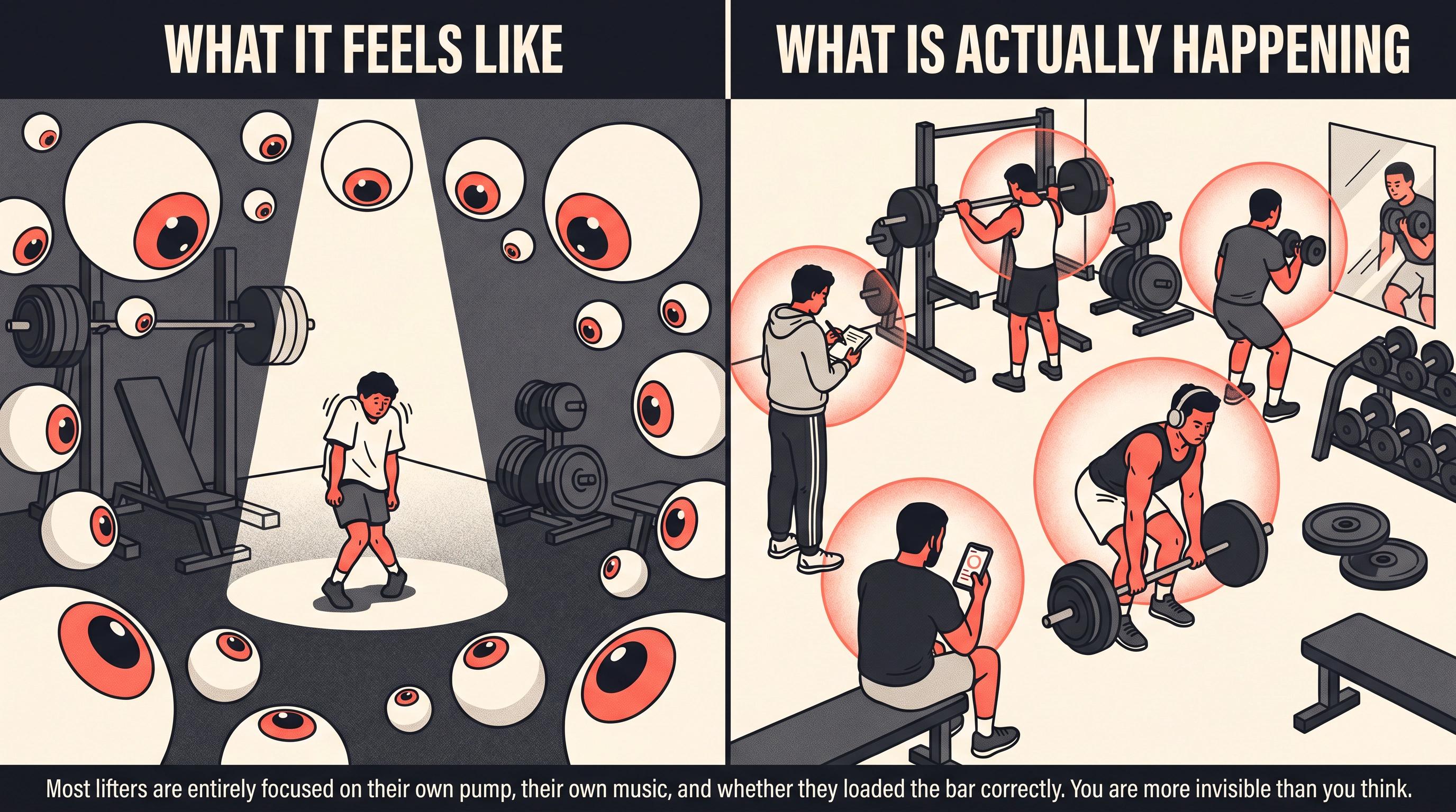 Split-panel illustration: left shows a beginner feeling watched by giant eyes, right shows gym reality where every lifter is in their own world