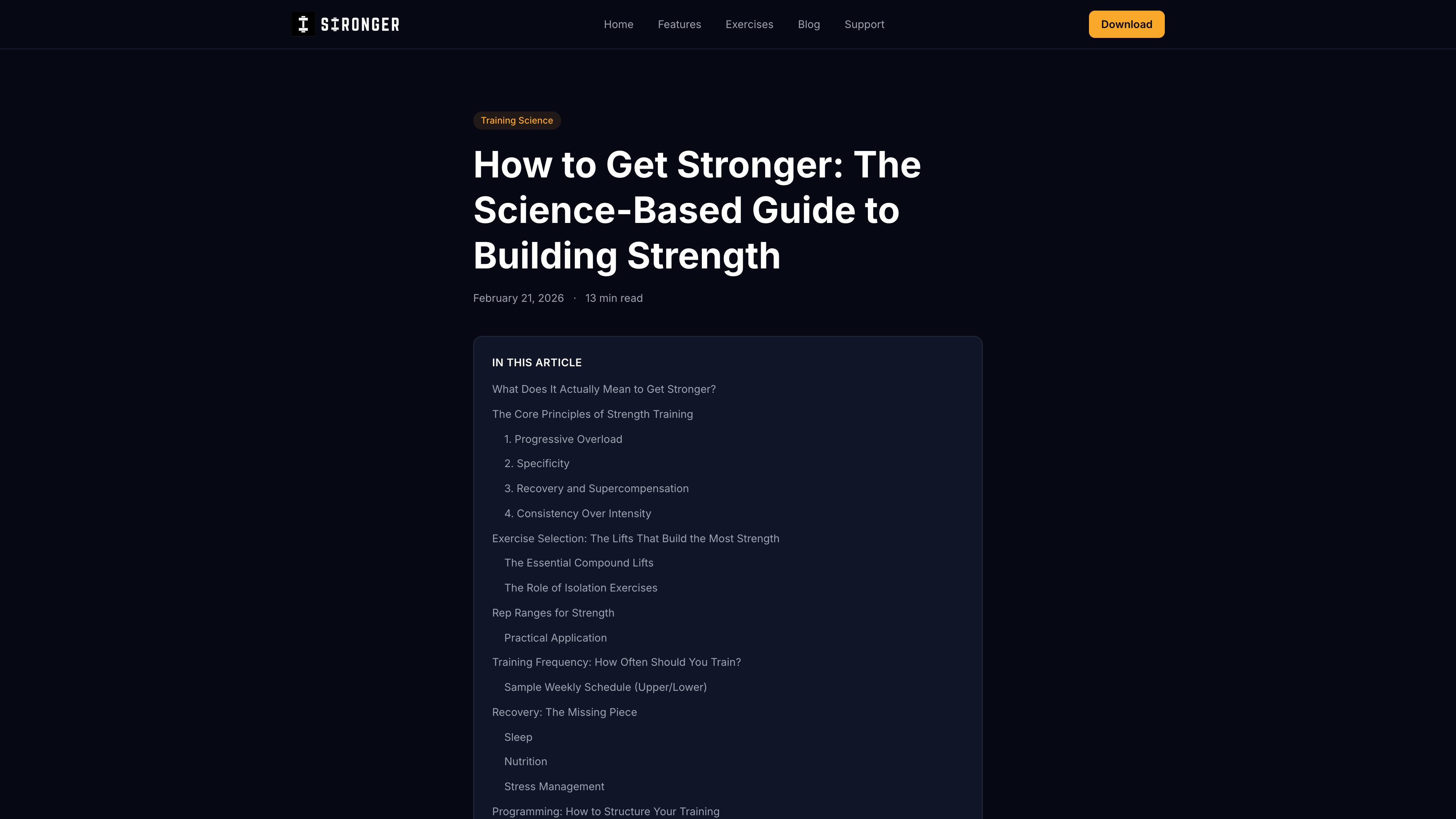 Stronger's science-based guide to building strength blog post showing progressive overload as a core training principle