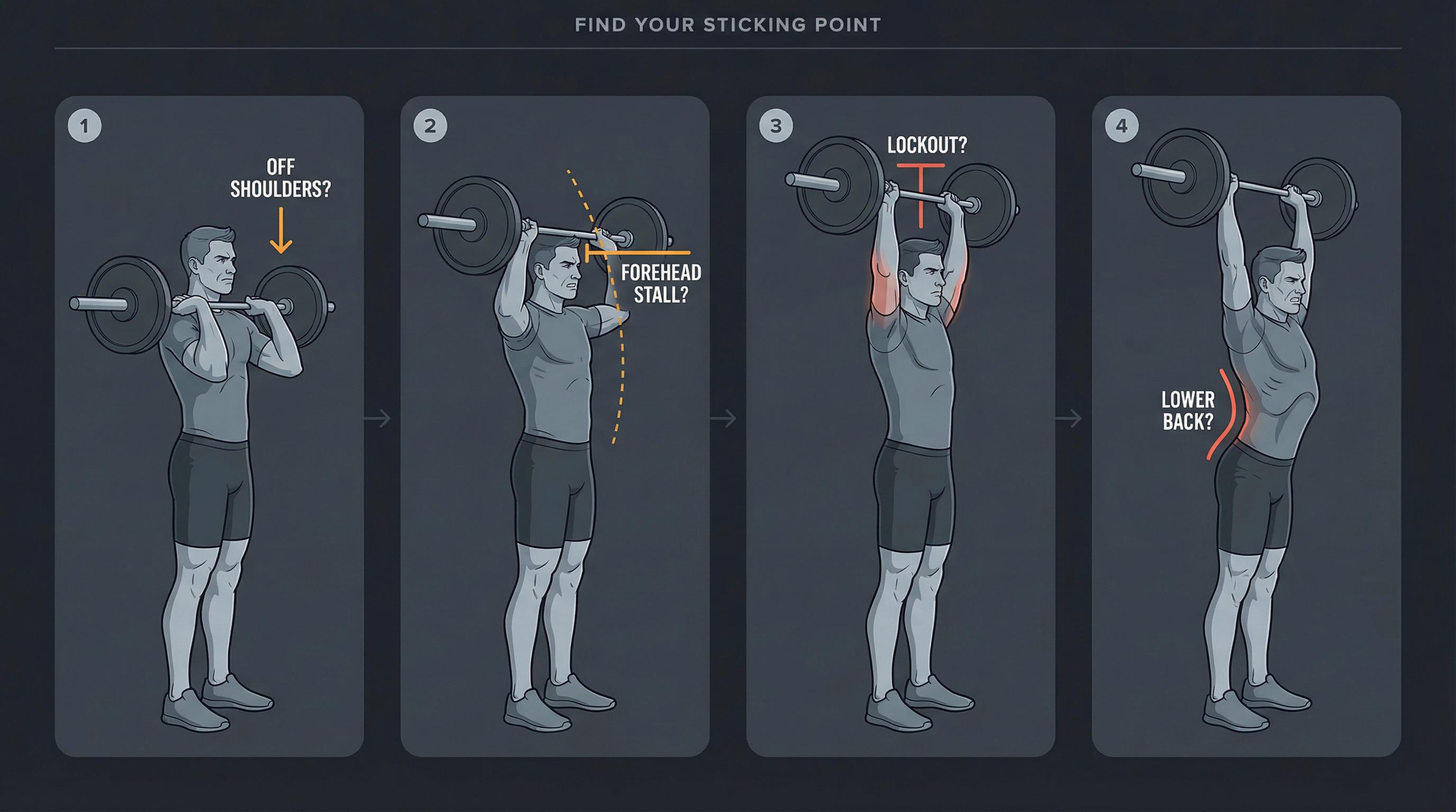 Overhead press sticking points diagram showing four failure zones: off shoulders, forehead level, lockout, and lower back arch
