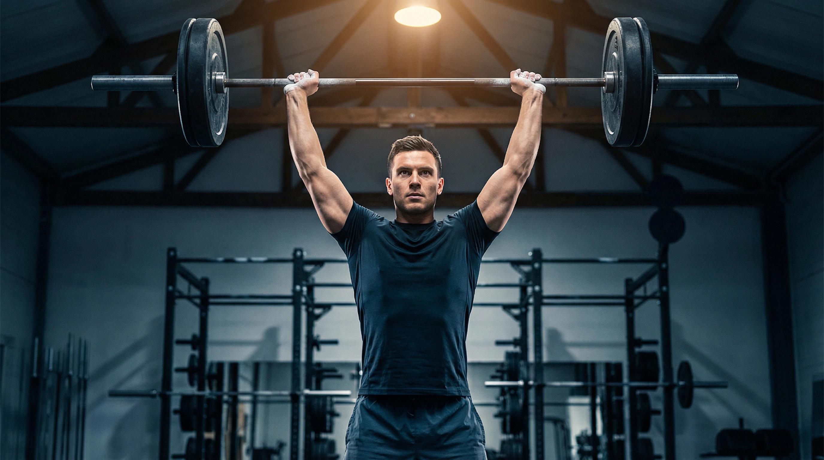 Athlete at full overhead press lockout with loaded barbell directly overhead, arms extended, biceps by ears, in a performance gym