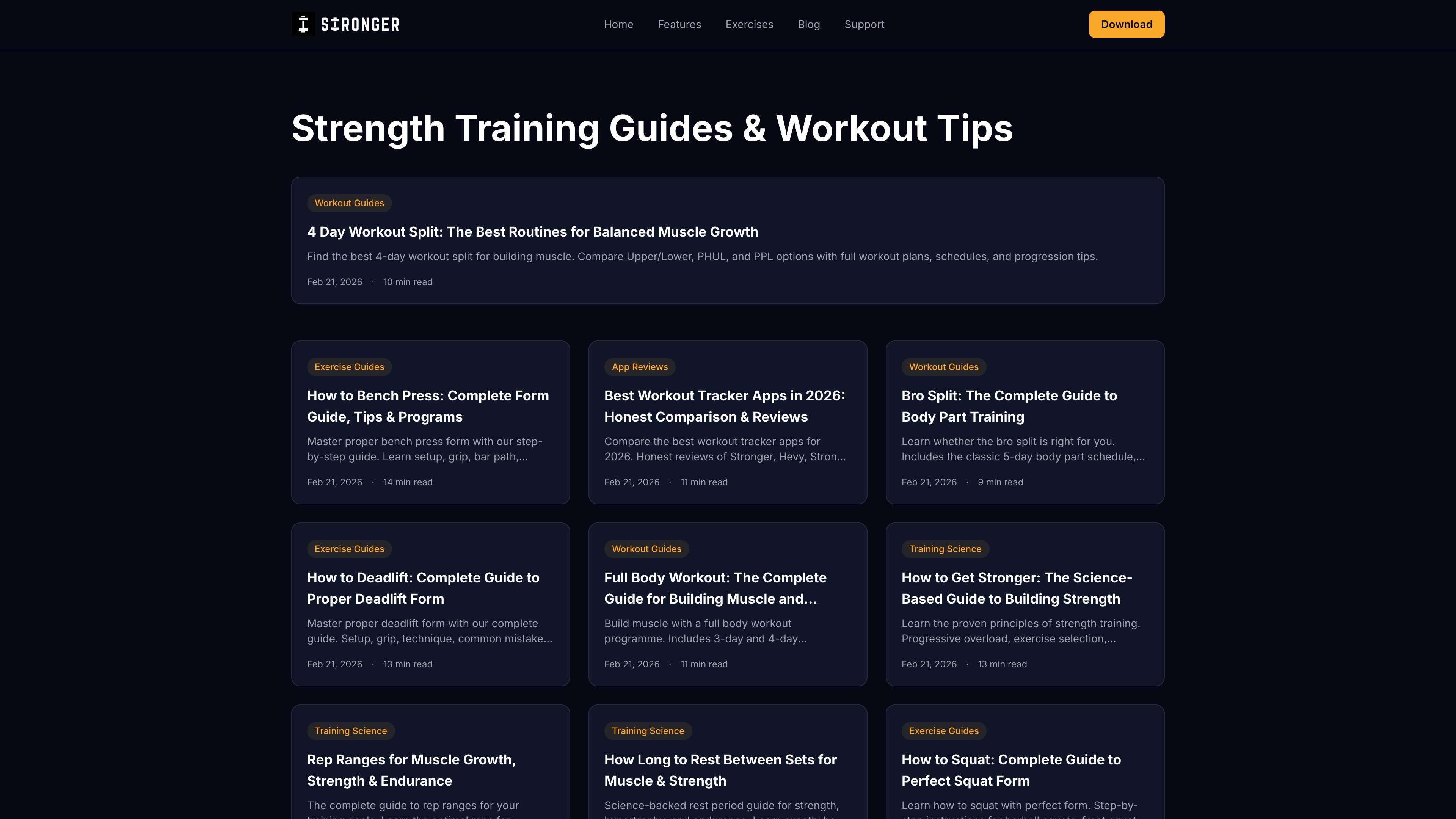 Stronger blog showing Strength Training Guides and Workout Tips hub with articles on bench press, deadlift, workout splits, and training science