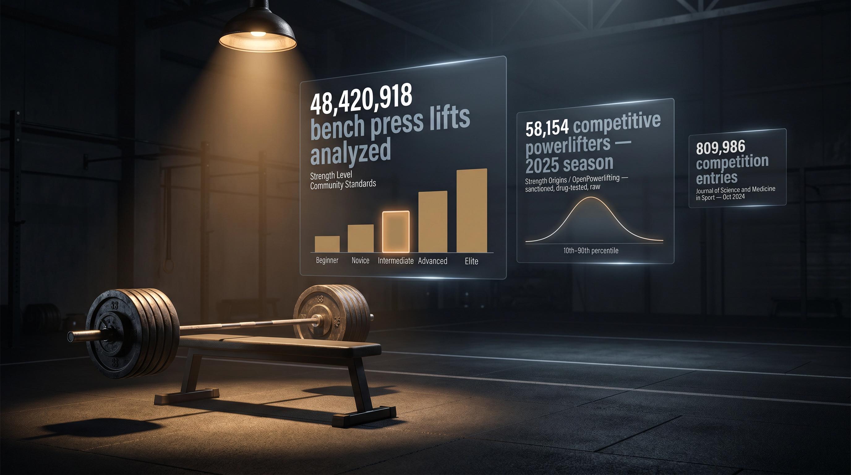Editorial illustration showing the scale of bench press research data — millions of lifts visualized as a credibility anchor