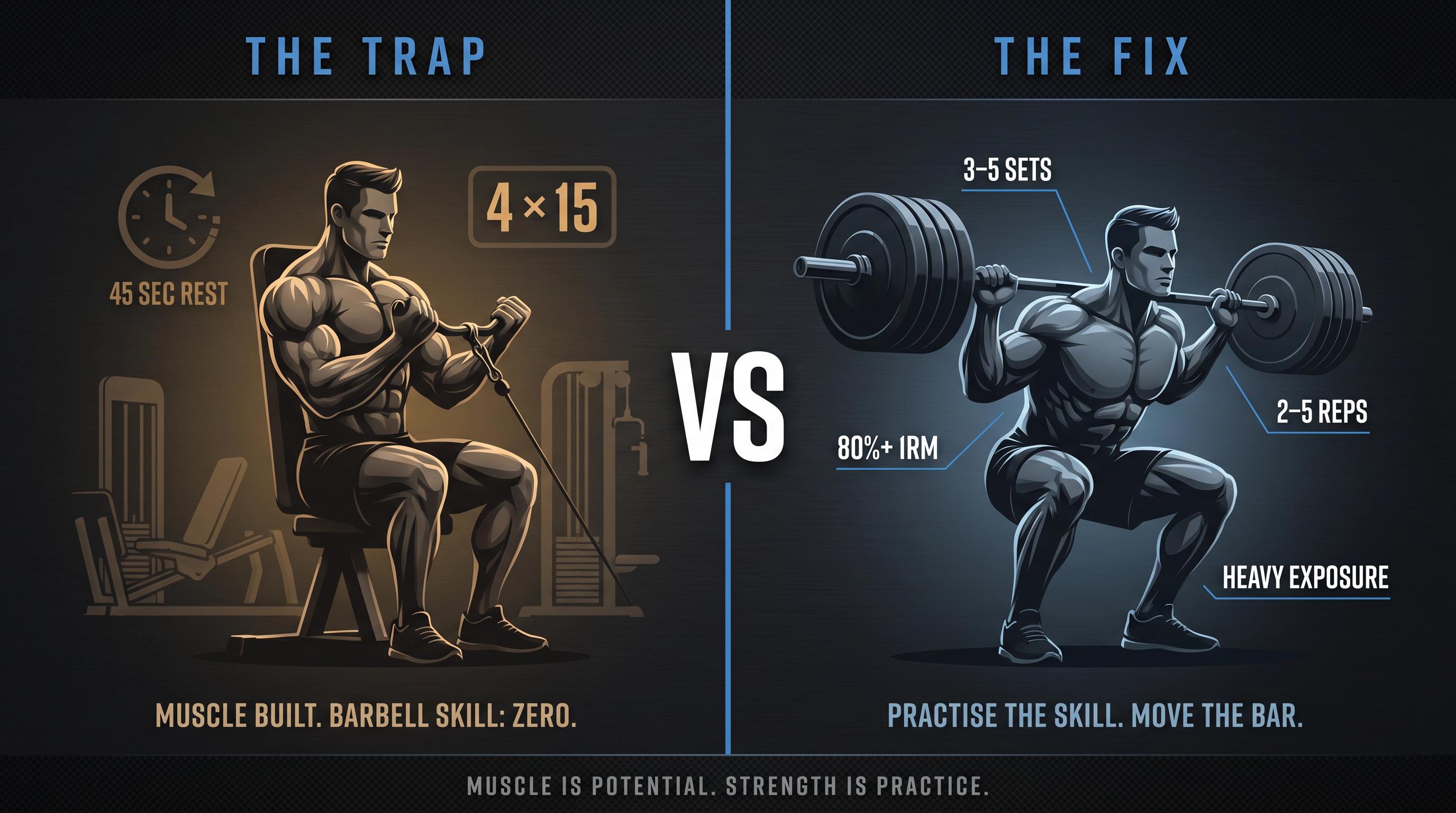 Split editorial illustration: left panel shows machine-based high-rep training trap; right panel shows structured heavy barbell squat prescription for strength gains