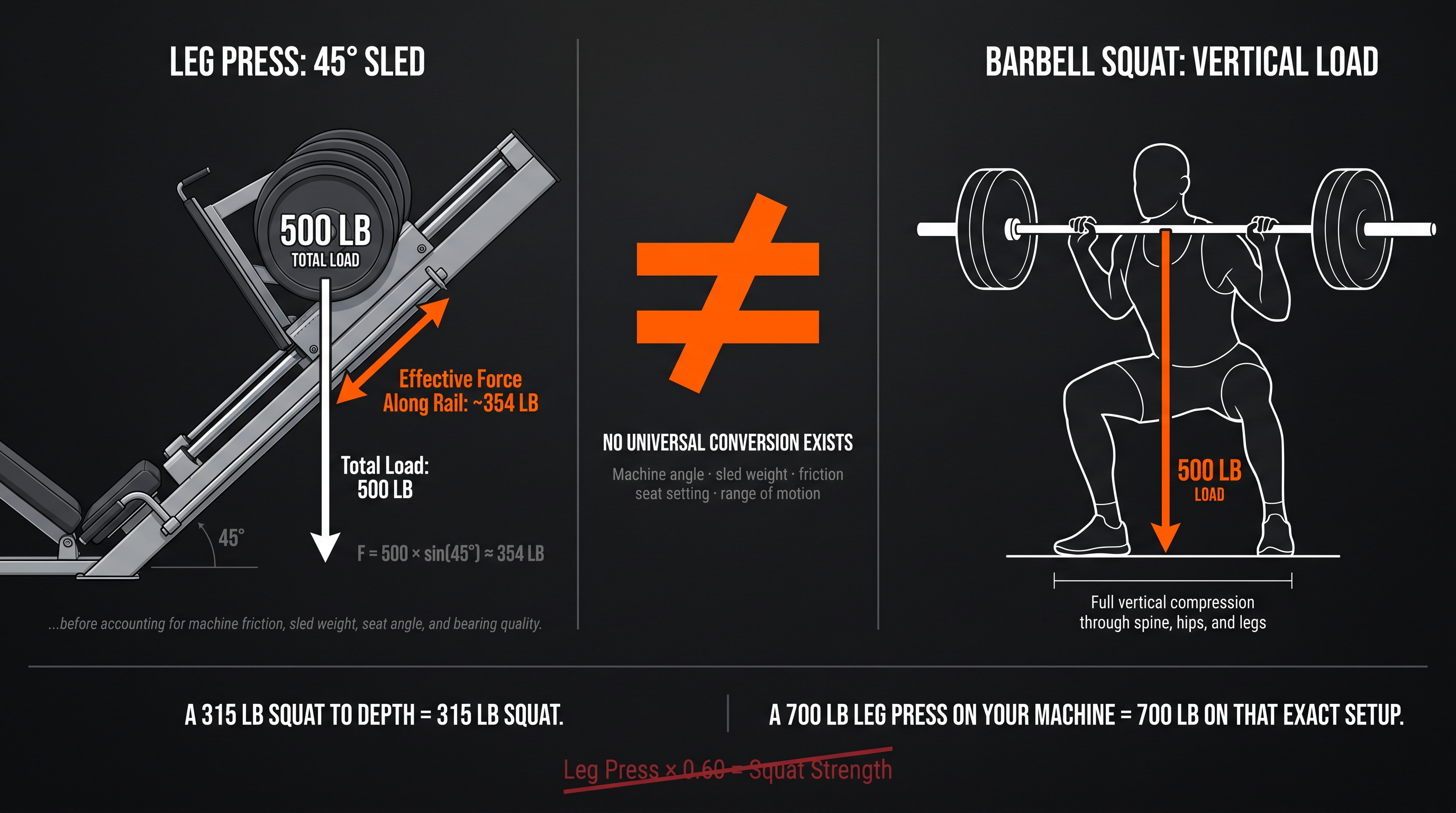 Physics diagram showing why leg press weight does not equal squat weight — force vectors on 45-degree sled vs vertical barbell load