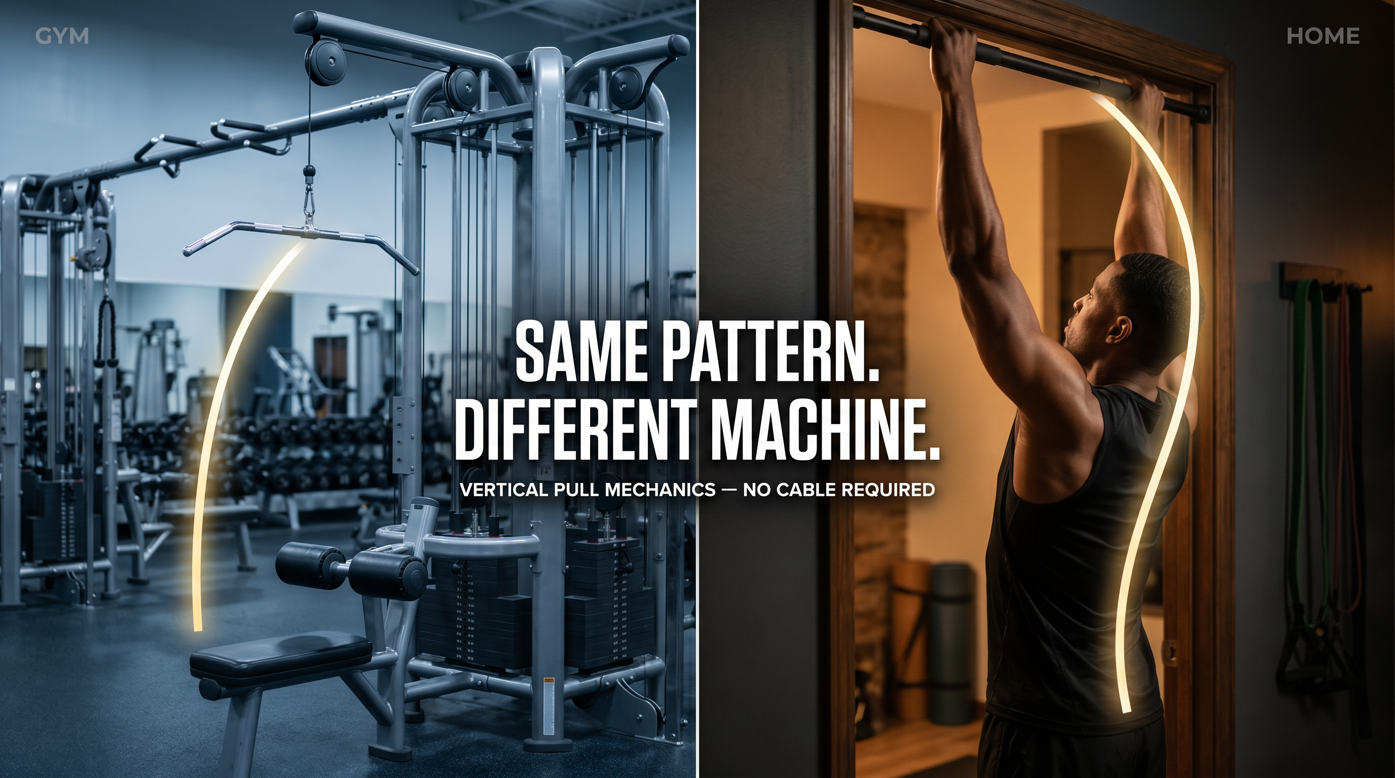 Split-panel editorial illustration: cable lat pulldown machine on the left vs a home gym pull-up on the right, both showing identical vertical pull arc