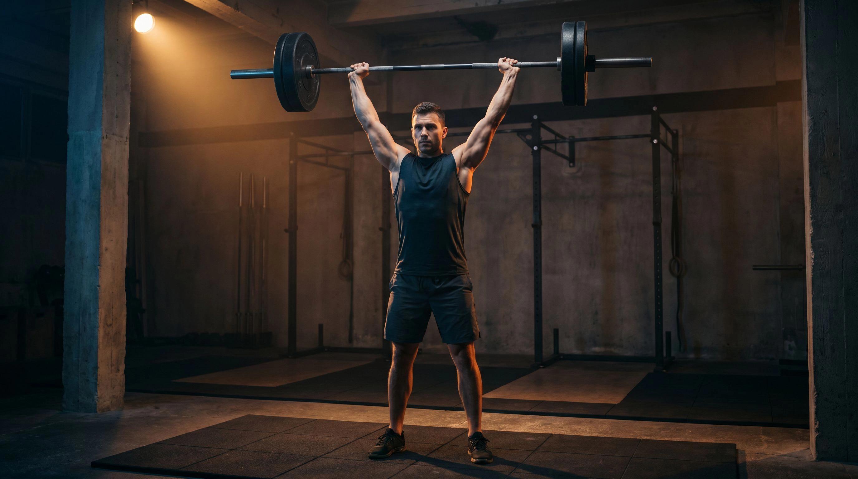Male lifter at standing barbell overhead press lockout — arms fully extended, bar balanced overhead, cinematic gym lighting