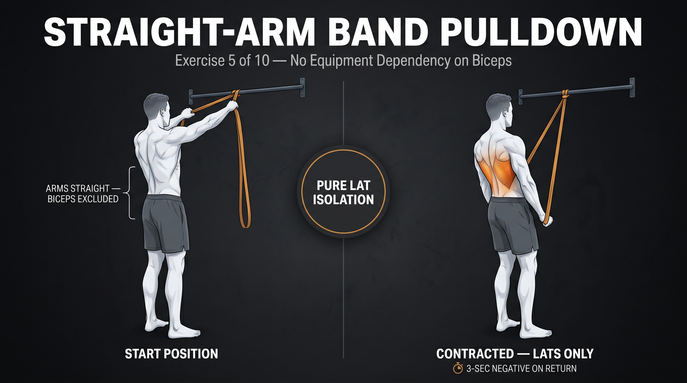 Two-phase illustrated diagram of the straight-arm band pulldown showing start and contracted positions with lat muscle activation highlighted