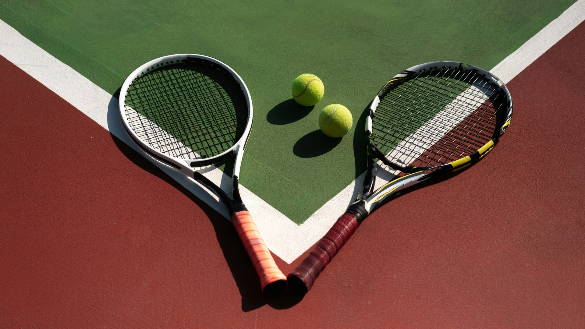 Image of tennis rackets and balls on a tennis field