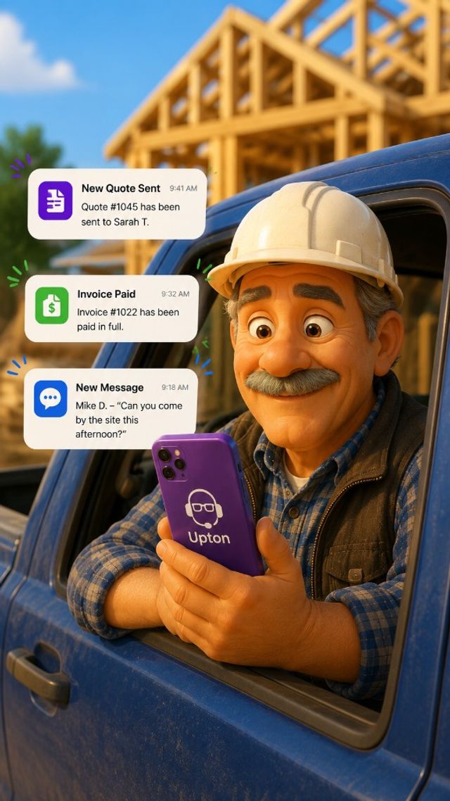 Trades professional in a truck using the Upton app with quote, invoice, and message notifications