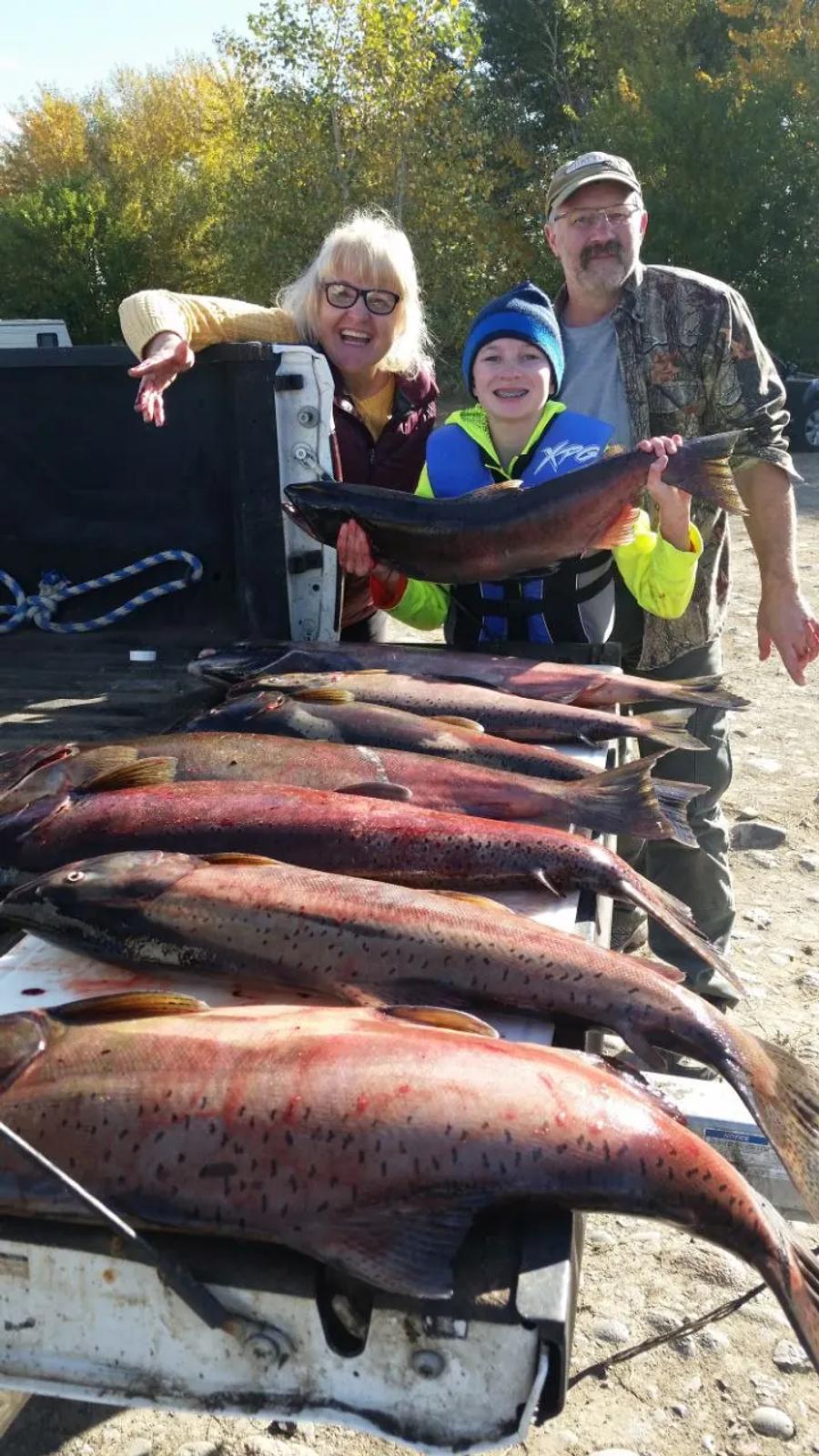 Salmon catch laid out after a day on the river