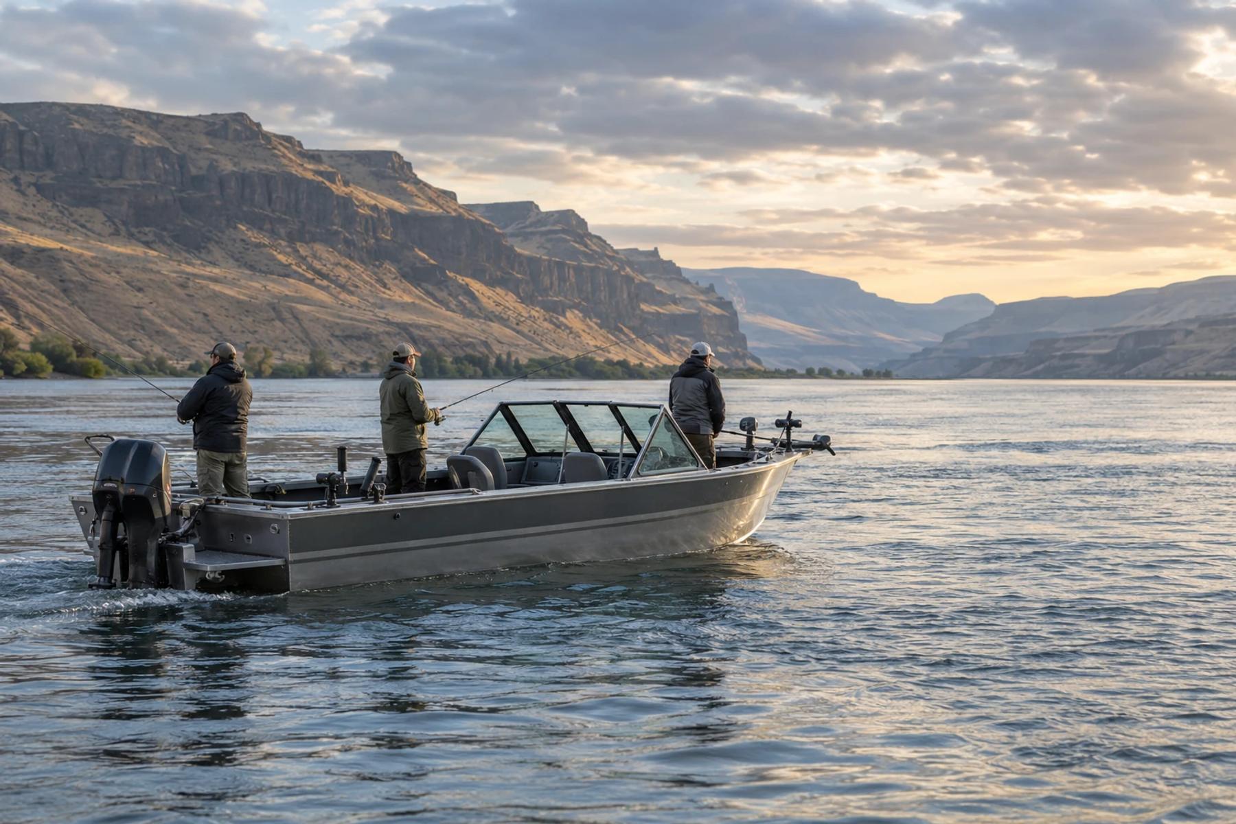 Anglers fishing from an aluminum guide boat on the Columbia River beneath the canyon cliffs