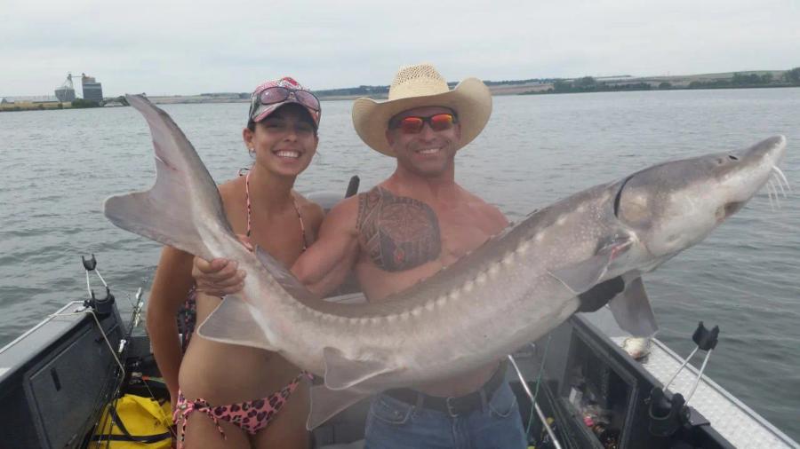 Anglers holding a large sturgeon