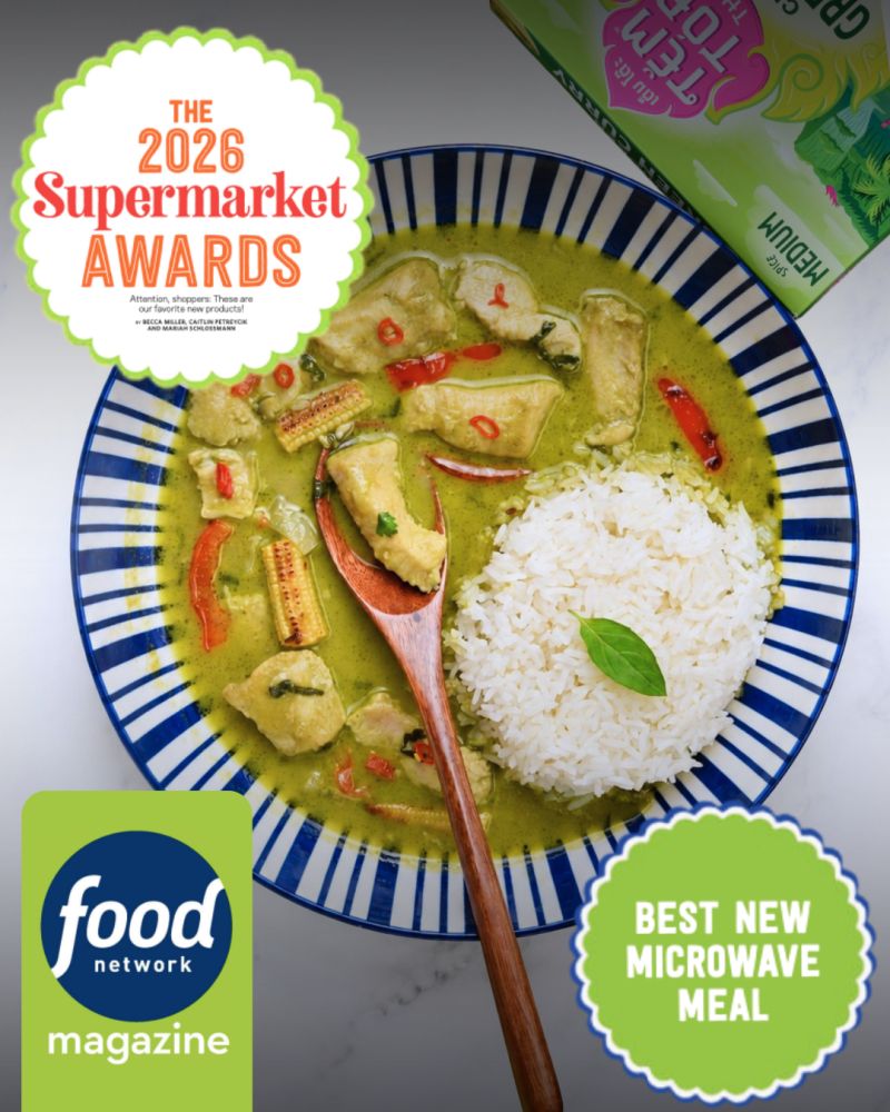 Picture of a green curry dish that says winner of the 2026 Food Network Magazine's Supermarket Awards