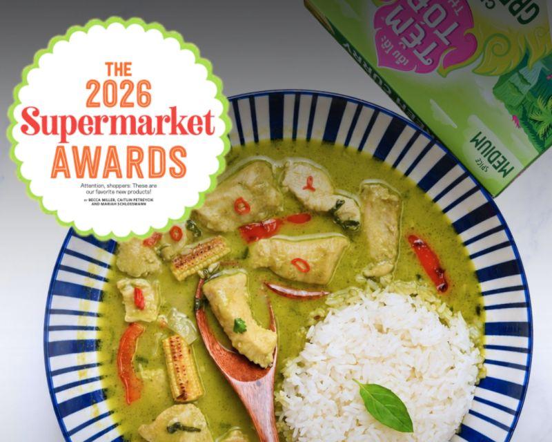 Picture of a green curry dish that says winner of the 2026 Food Network Magazine's Supermarket Awards