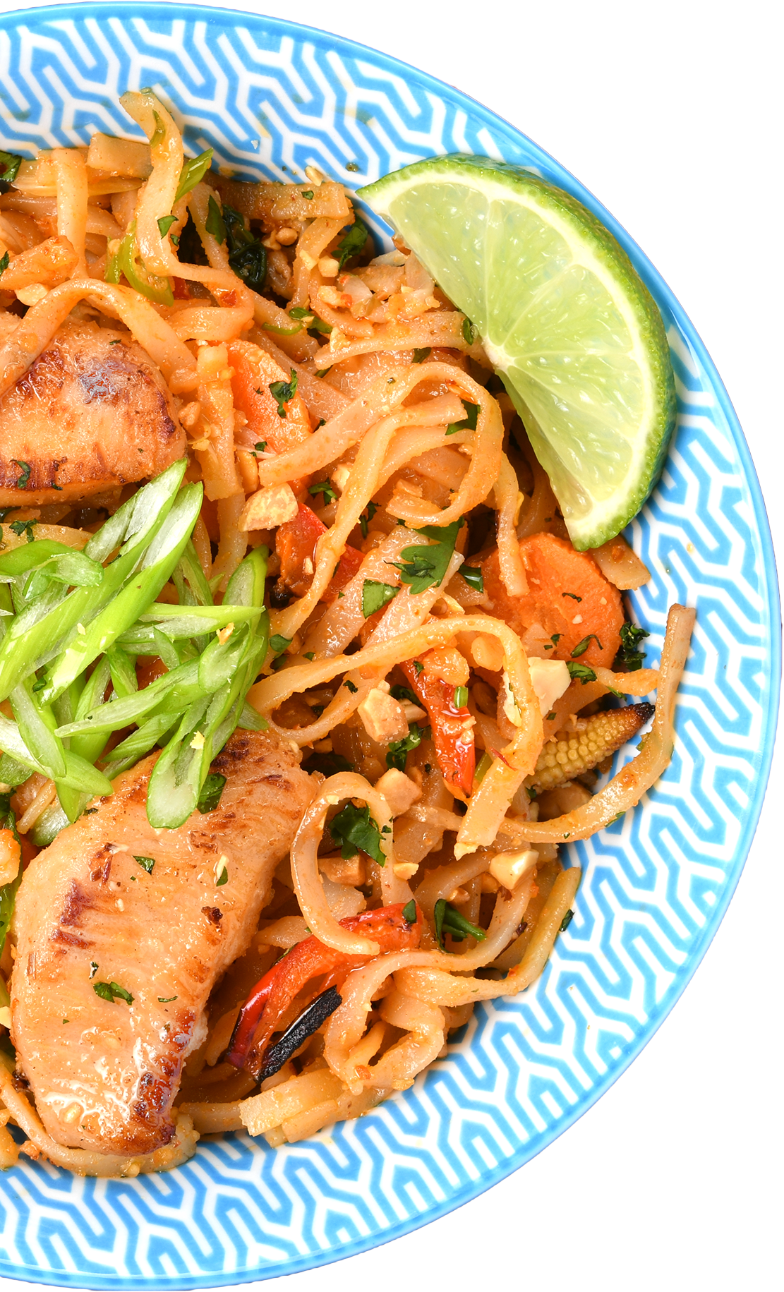 chicken pad thai in a bowl