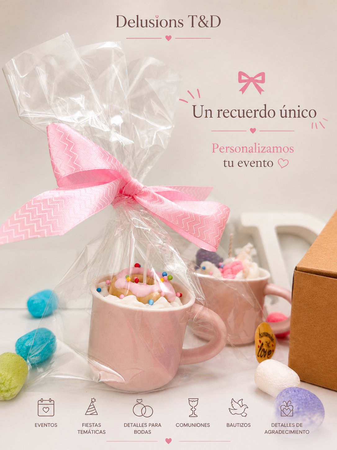 Pedido personalizado — vela morada, jabón y wax melts de frutos rojos sobre papel de lazos.